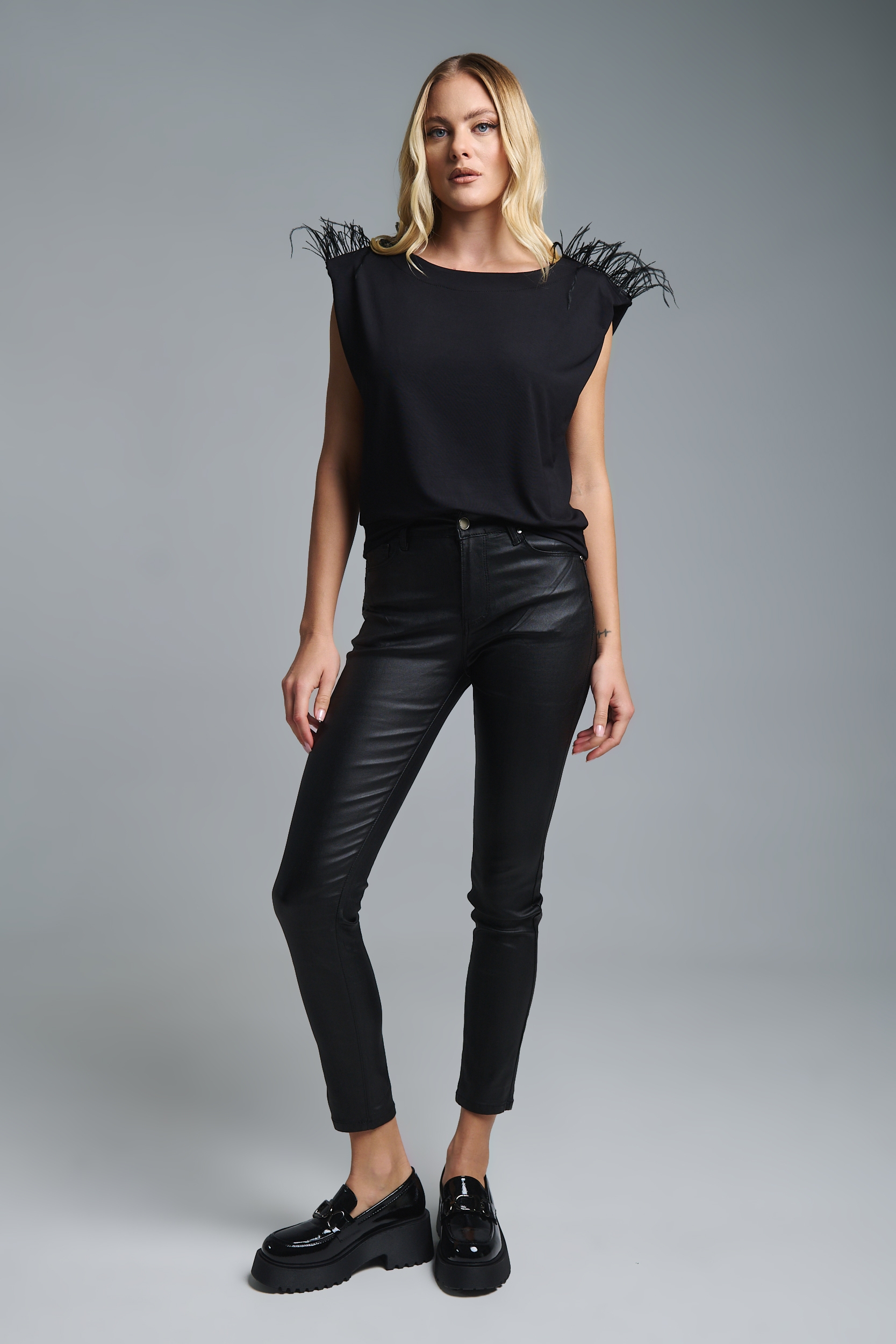 Kelly’s Feather-Trim Shoulder T-Shirt
