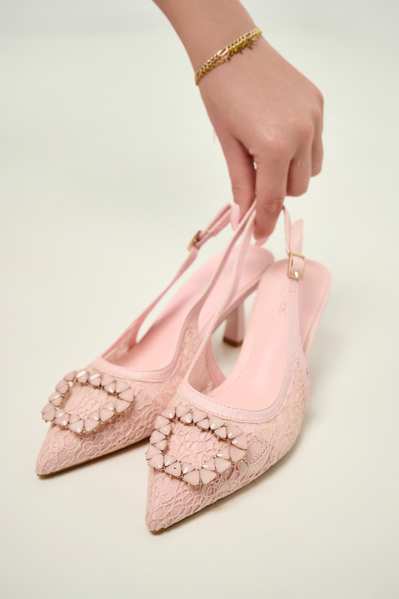 Lace Slingback Pumps with Embellished Buckle