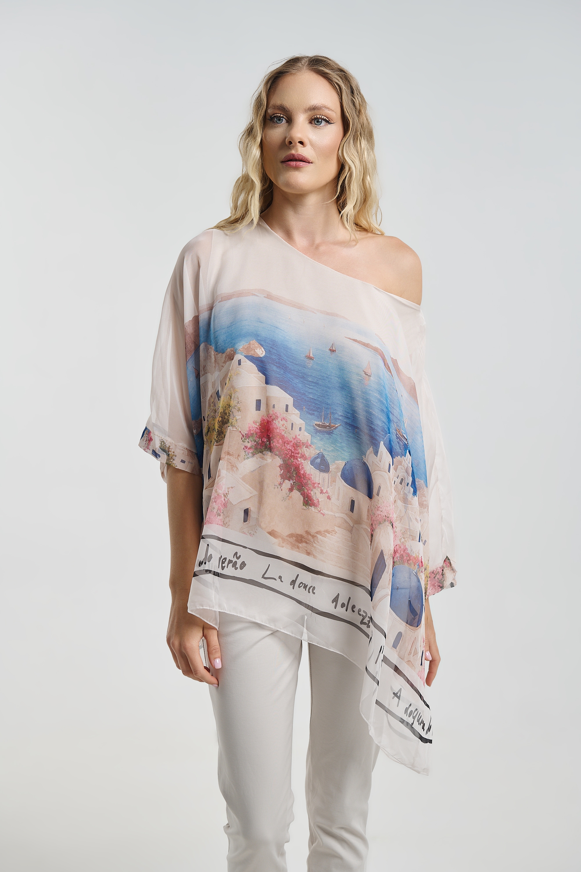 Oversized Batwing Asymmetric Blouse with Artistic Print & Inner Lining