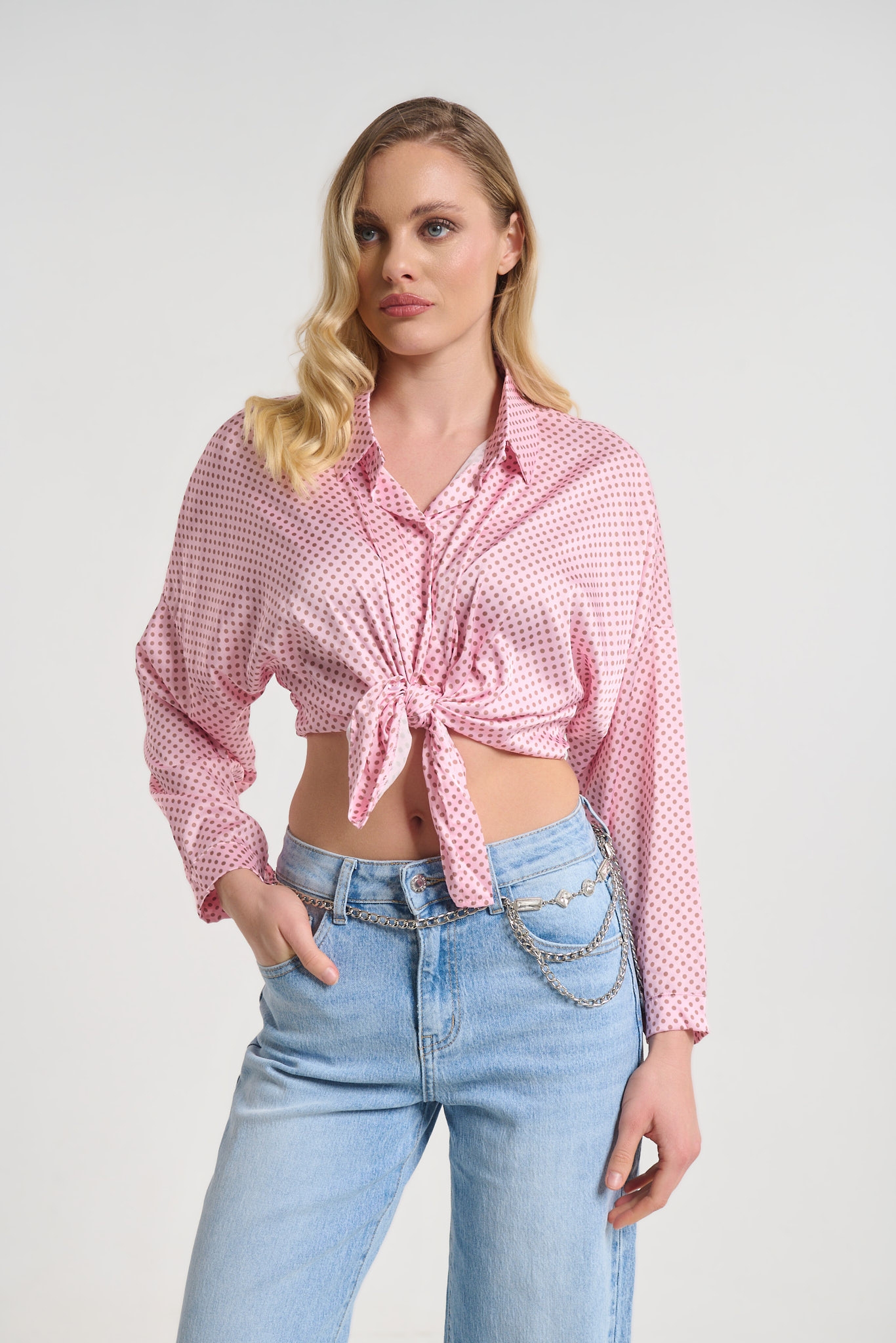 Polka Dot Tie-Front Shirt