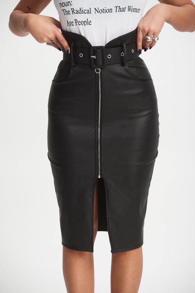 Φούστα Midi Δερματίνη με Ζώνη