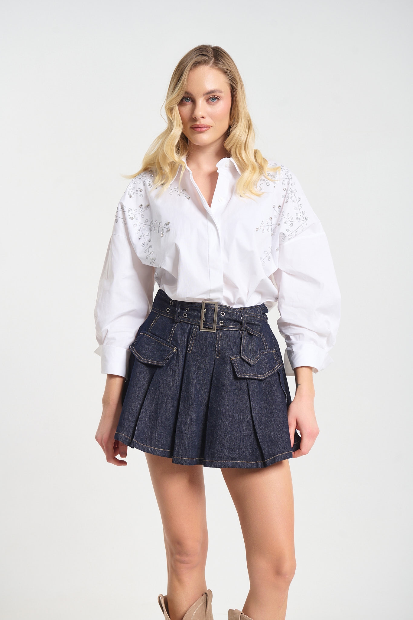 Rhinestoned Branches Decorated Shirt