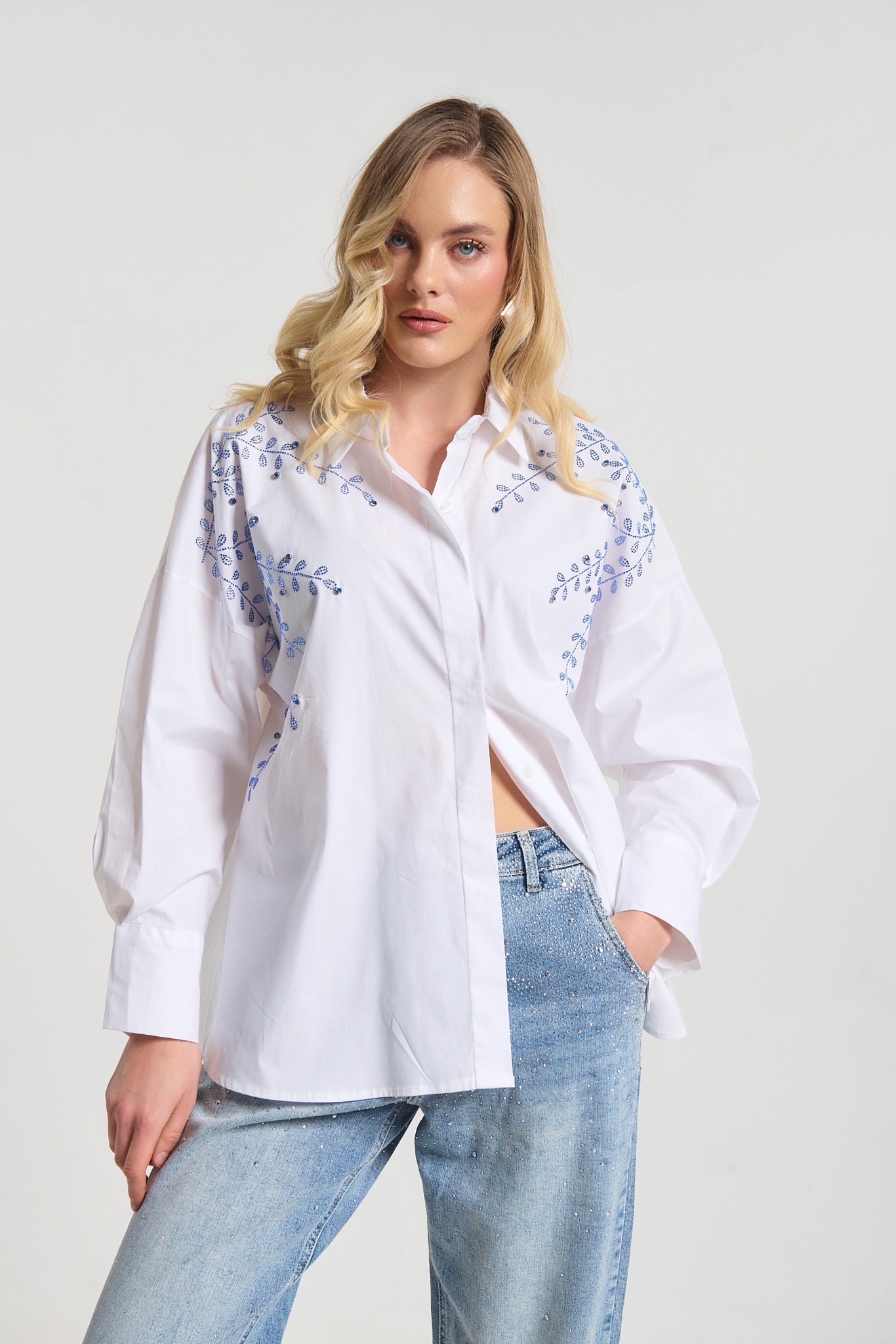 Rhinestoned Branches Decorated Shirt