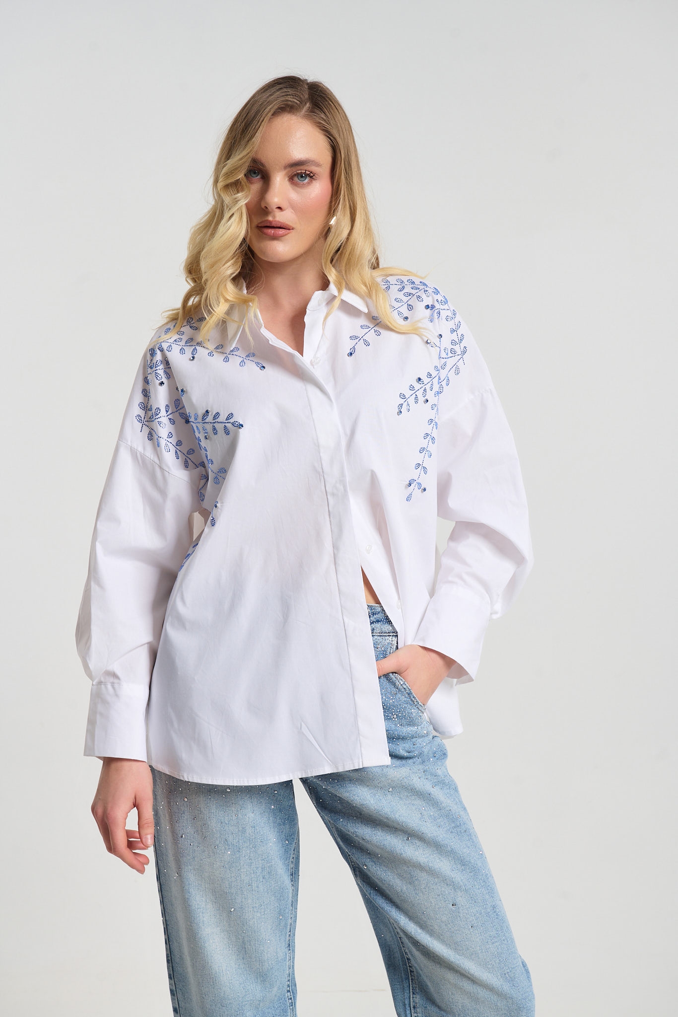 Rhinestoned Branches Decorated Shirt