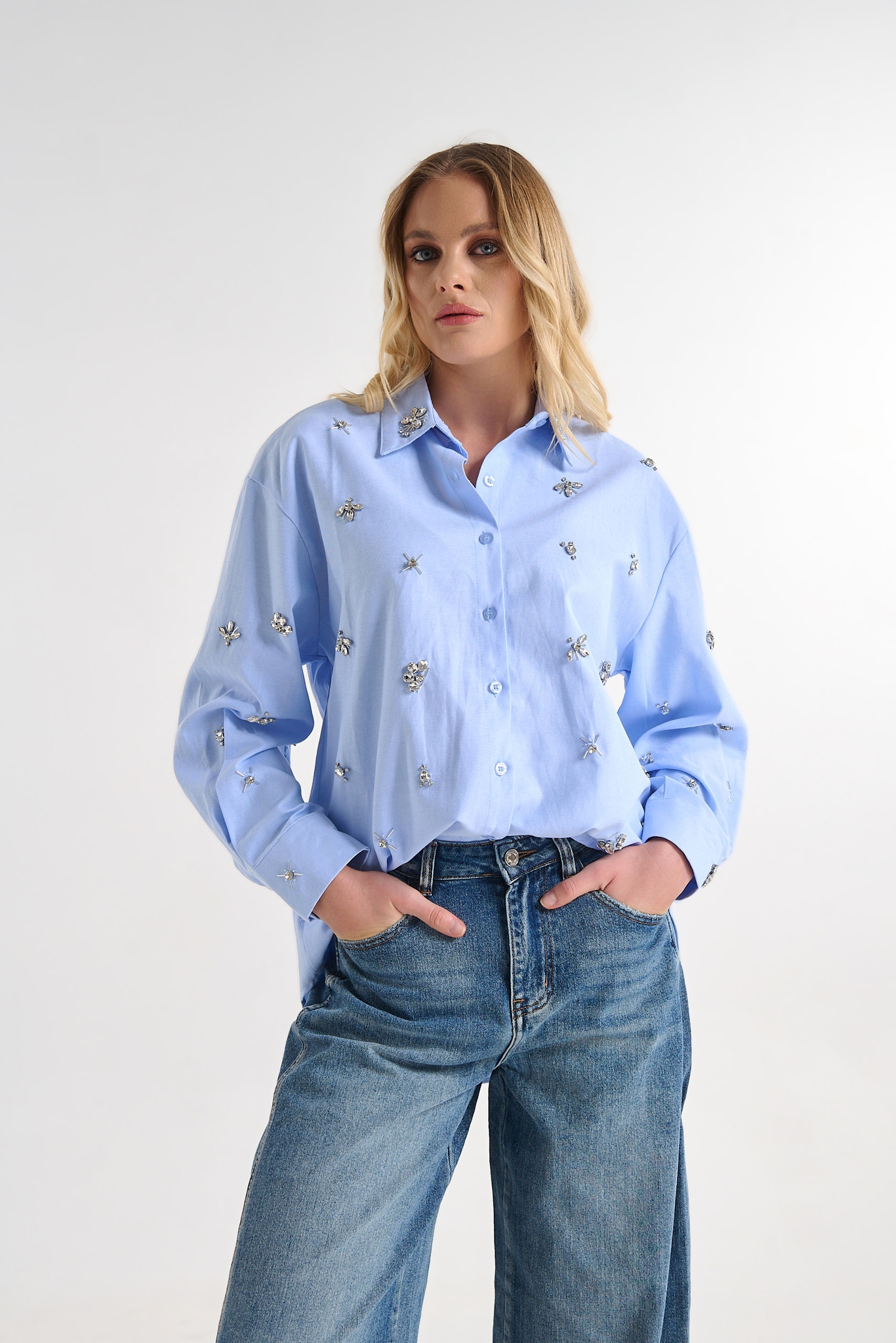 Embellished Shirt with Beaded & Rhinestone Motifs -Relaxed Fit