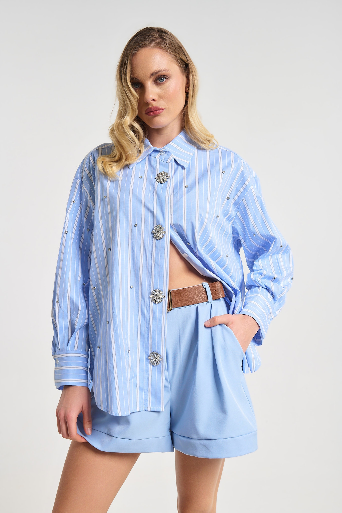 Striped Oversized Shirt with Crystal Buttons