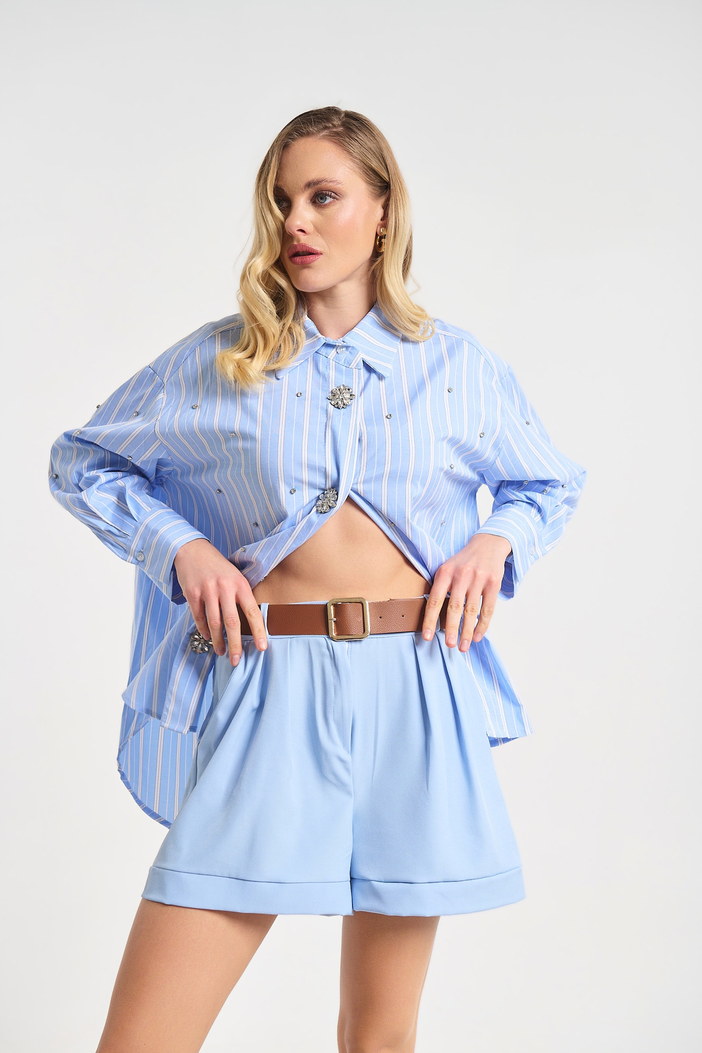 Striped Oversized Shirt with Crystal Buttons