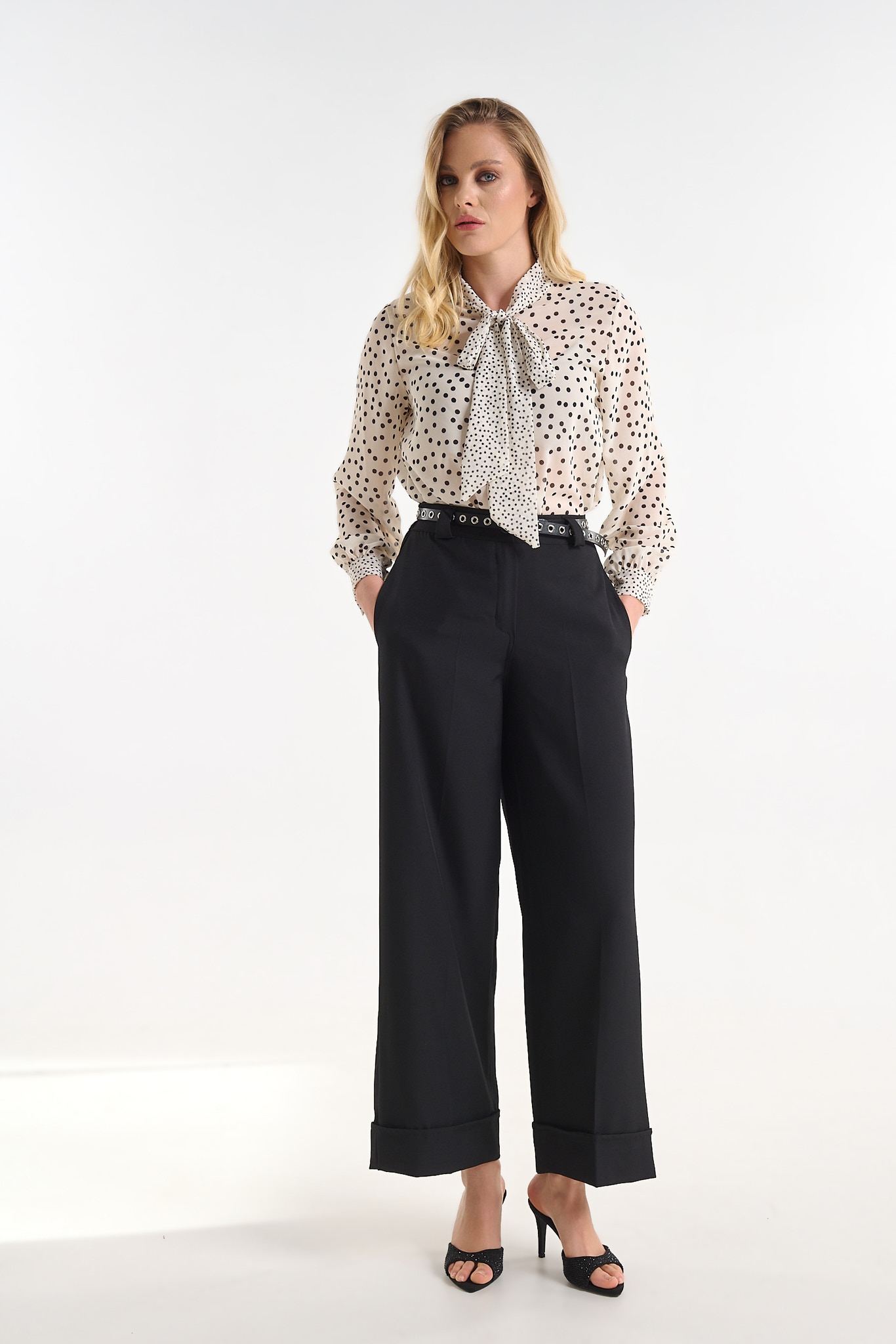 High-Waisted Tailored Trousers with Cuffed Hem and Belt