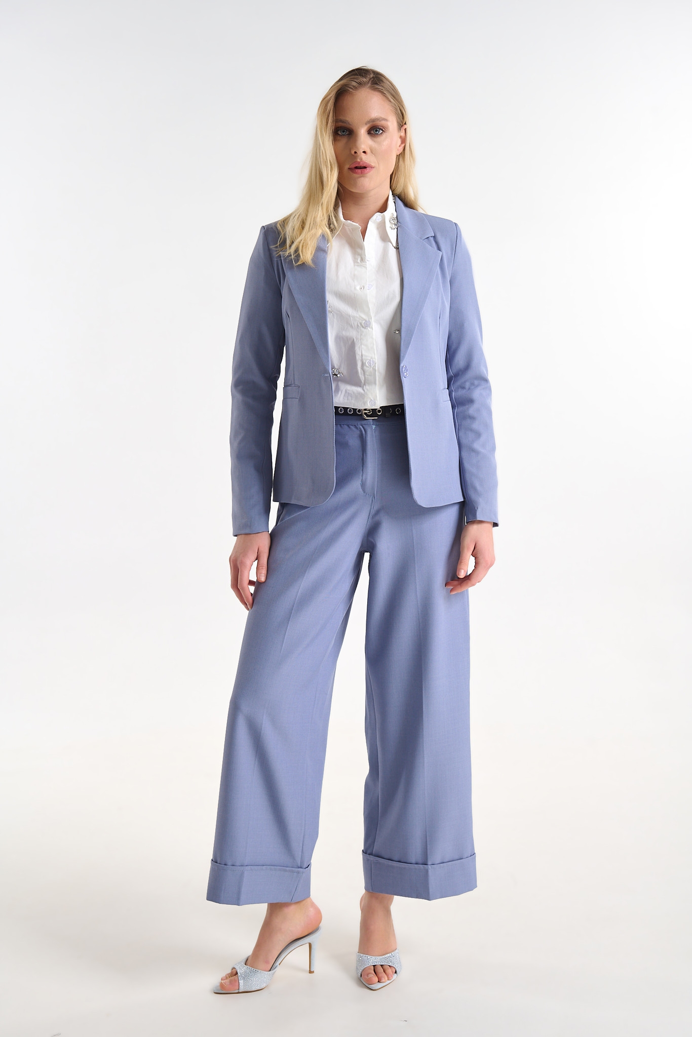 High-Waisted Tailored Trousers with Cuffed Hem and Belt