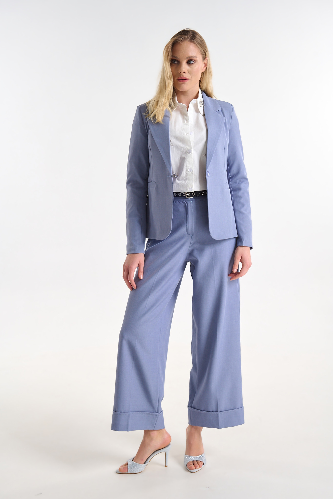 High-Waisted Tailored Trousers with Cuffed Hem and Belt