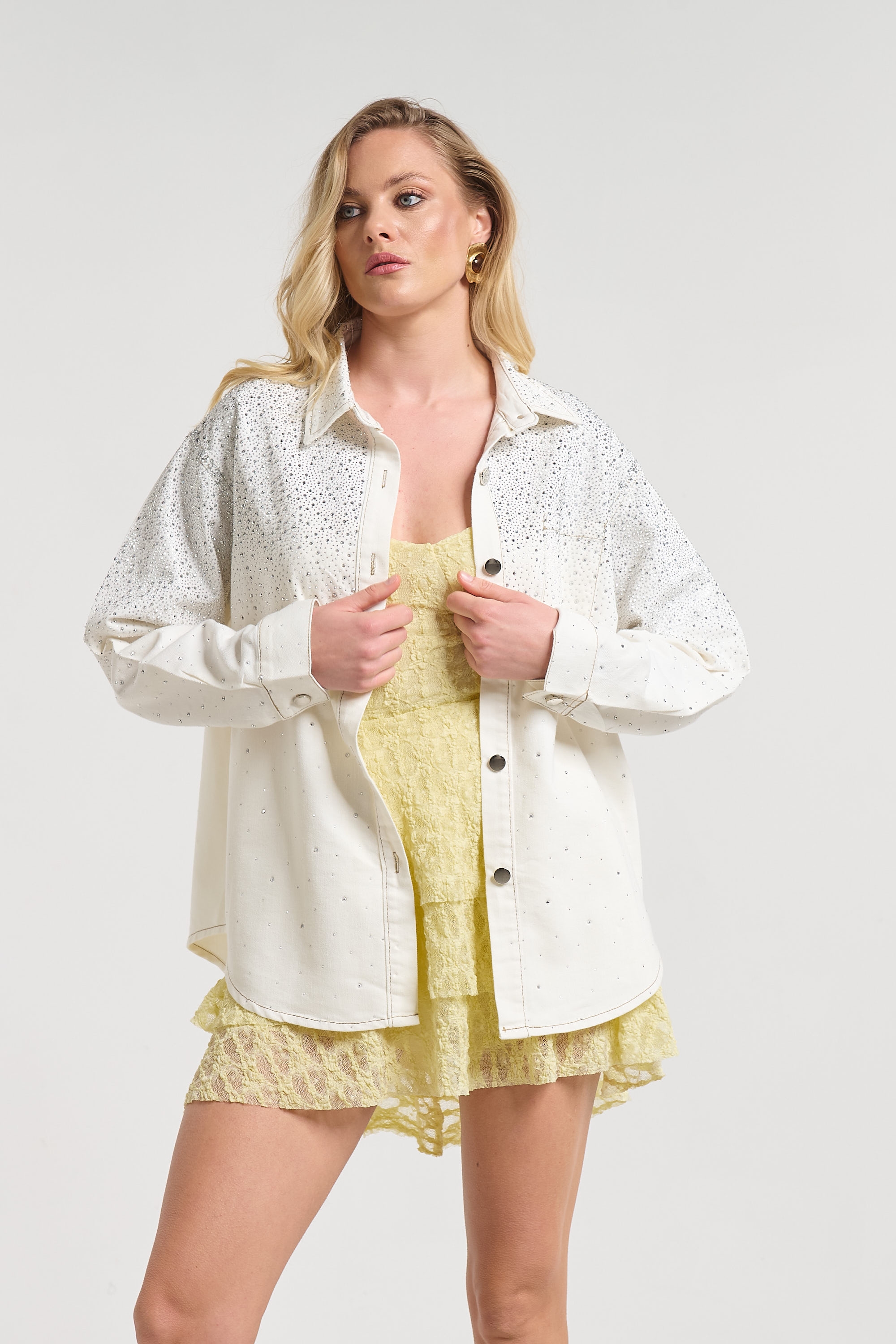 Denim Button-Up Shirt with Rhinestone Detail