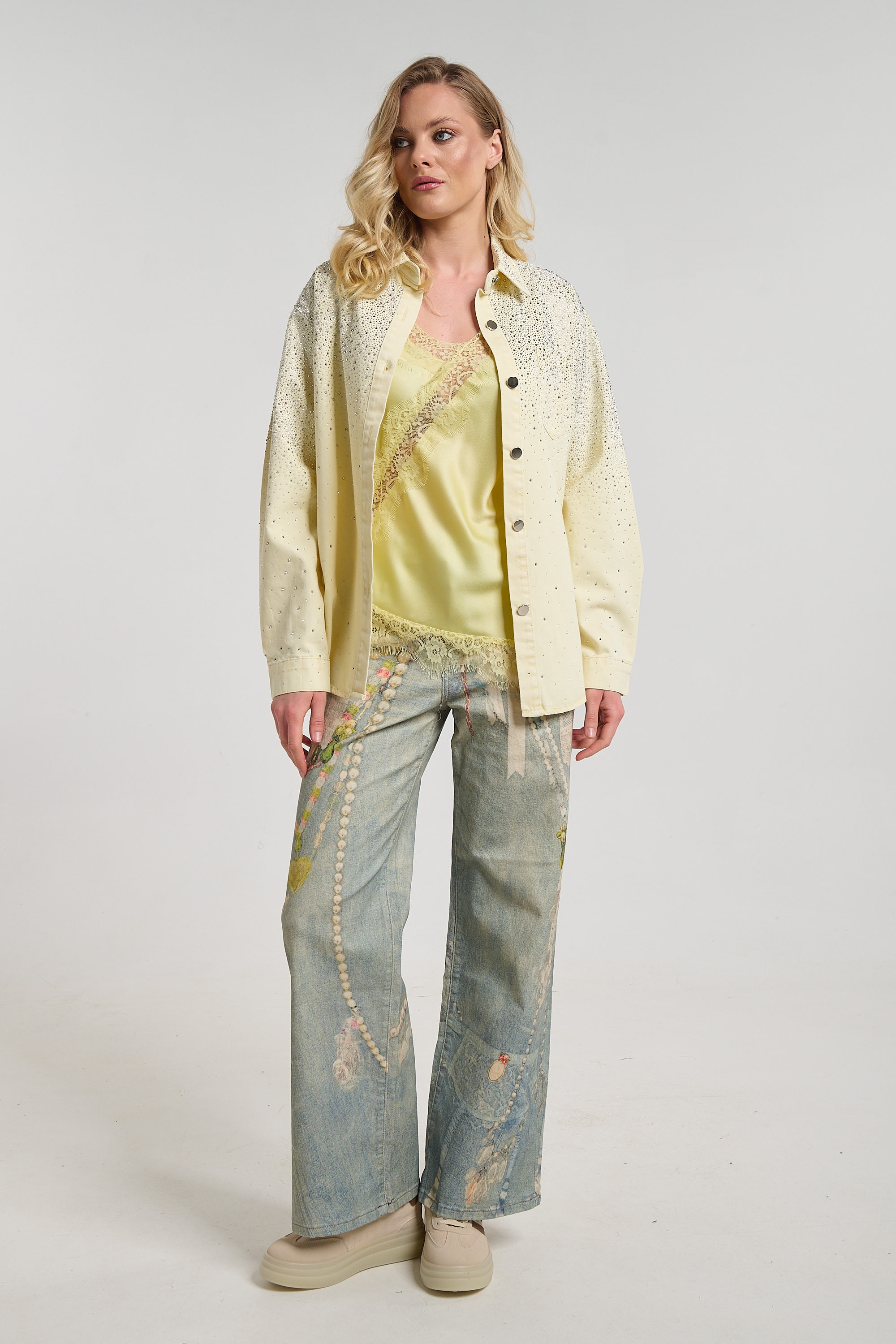 Denim Button-Up Shirt with Rhinestone Detail