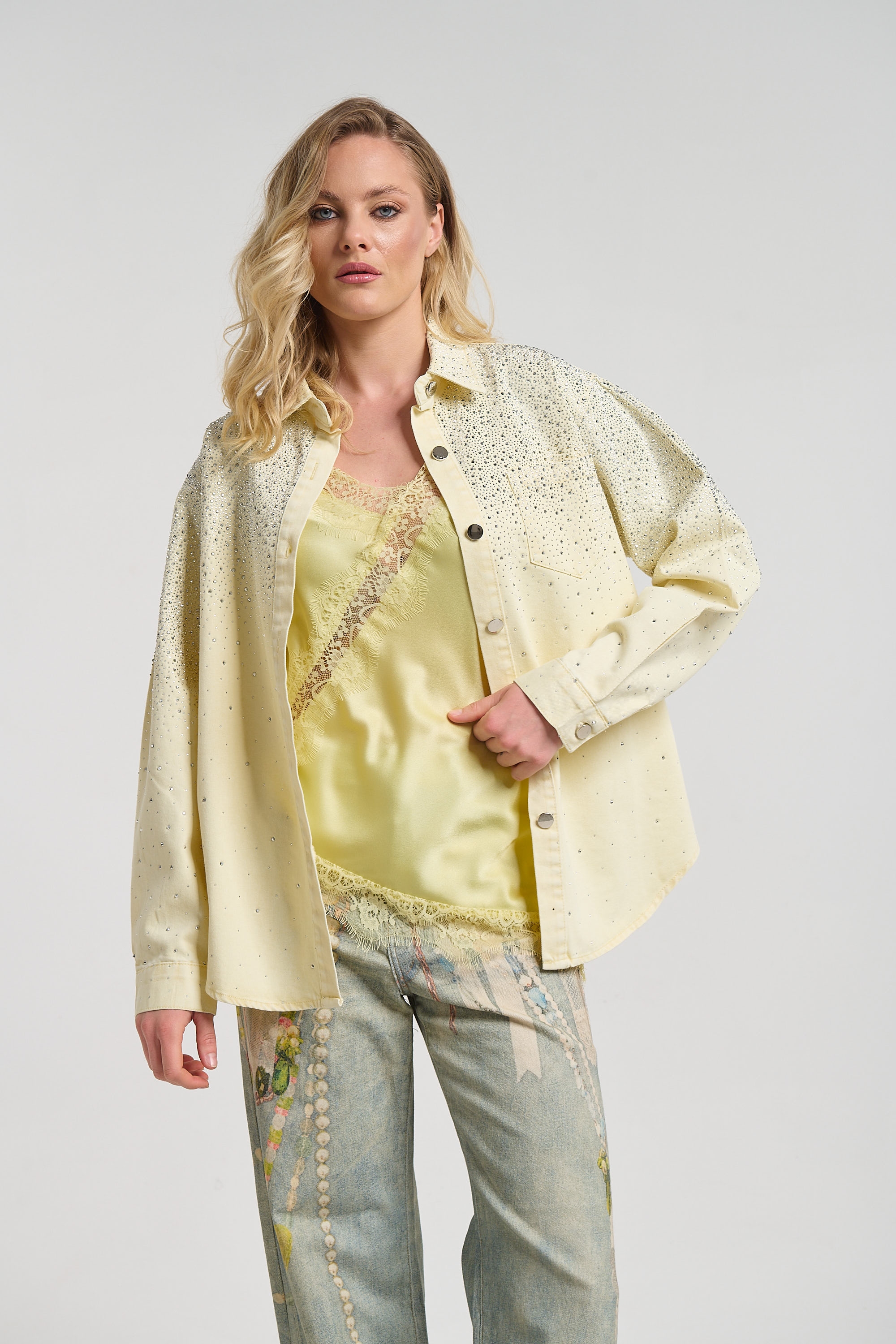 Denim Button-Up Shirt with Rhinestone Detail