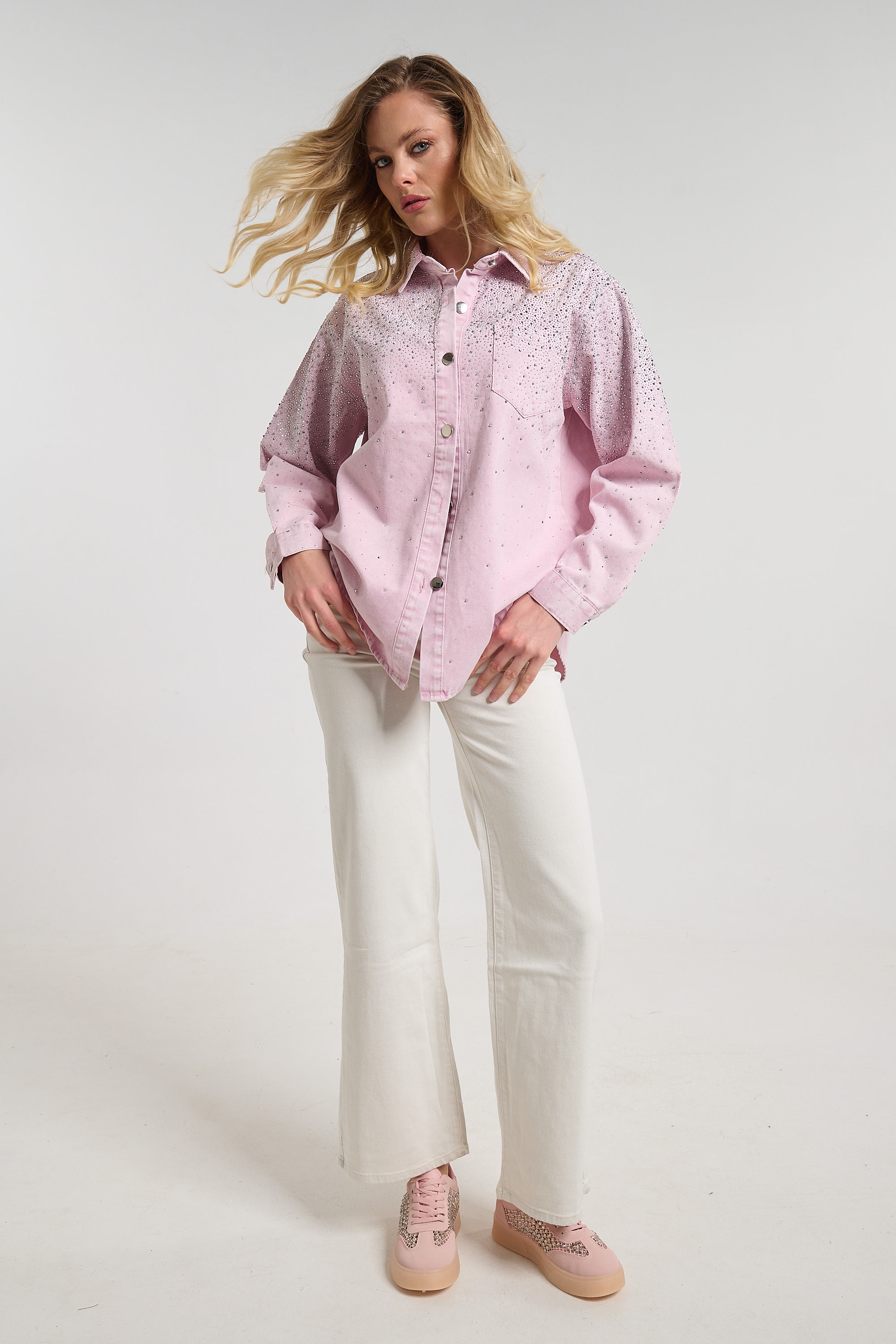 Denim Button-Up Shirt with Rhinestone Detail
