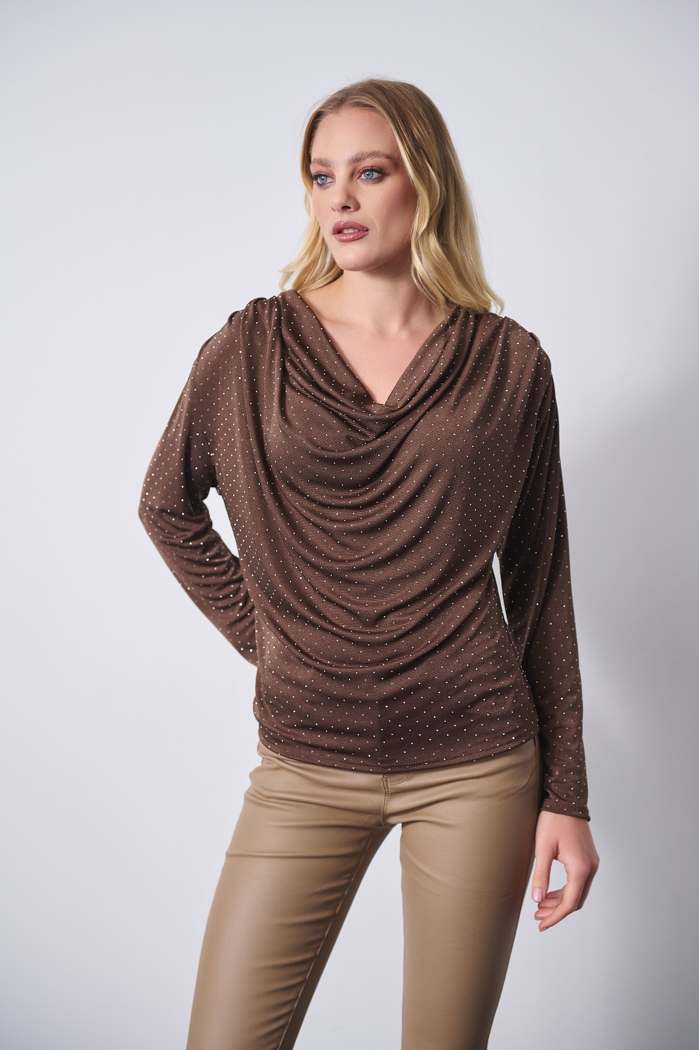 Μπλούζα Μακρυμάνικη Ντραπέ Πικέ Με Στρας