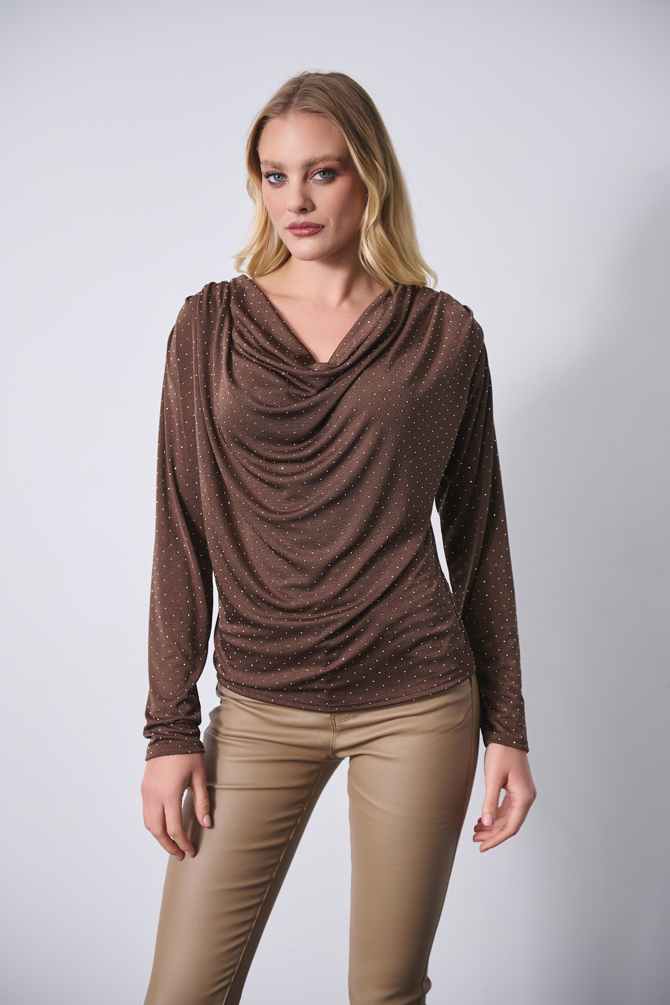 Μπλούζα Μακρυμάνικη Ντραπέ Πικέ Με Στρας