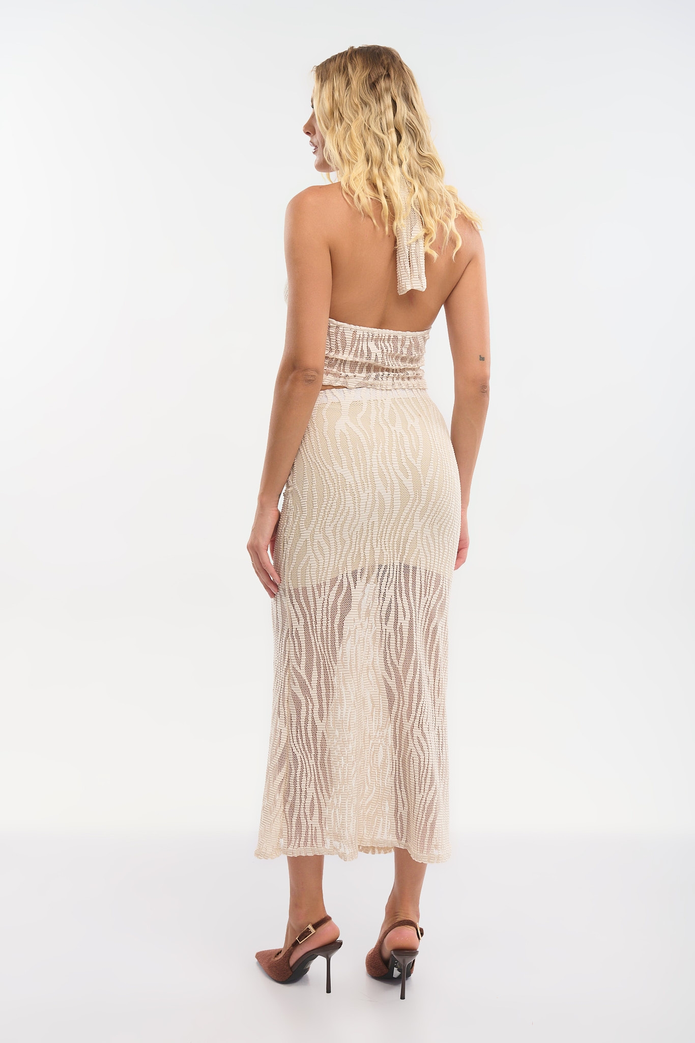 Σετ Τοπ με Δέσιμο στον Λαιμό & Φούστα Midi Δαντέλα