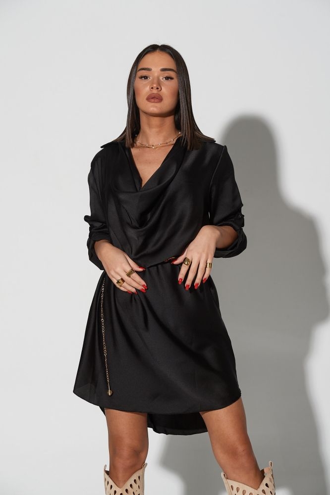 Φόρεμα Ντραπέ Με Γιακά Και Ζώνη Αλυσίδα