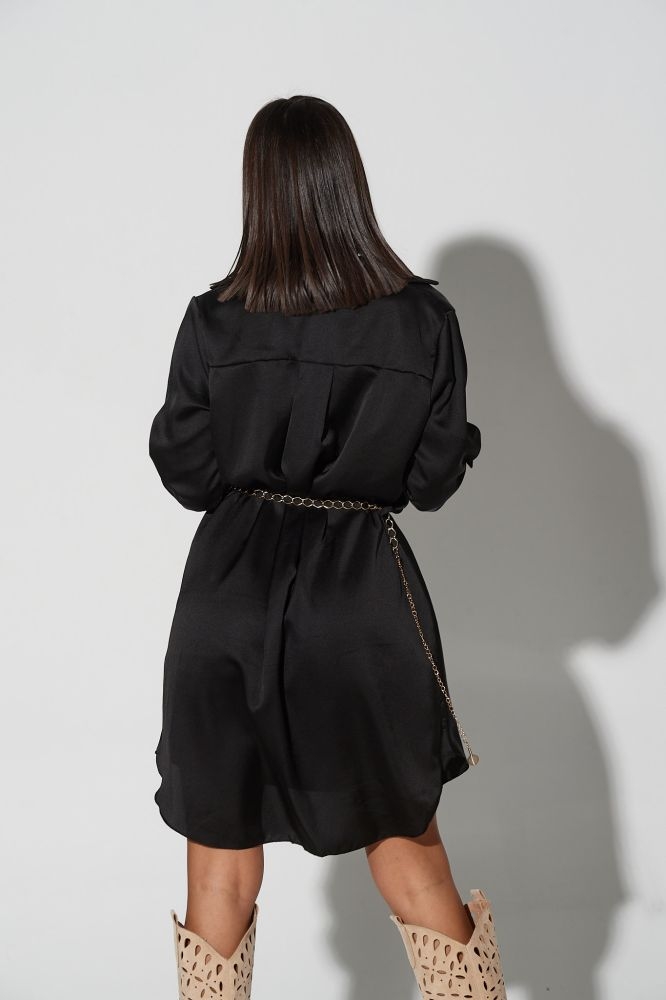 Φόρεμα Ντραπέ Με Γιακά Και Ζώνη Αλυσίδα