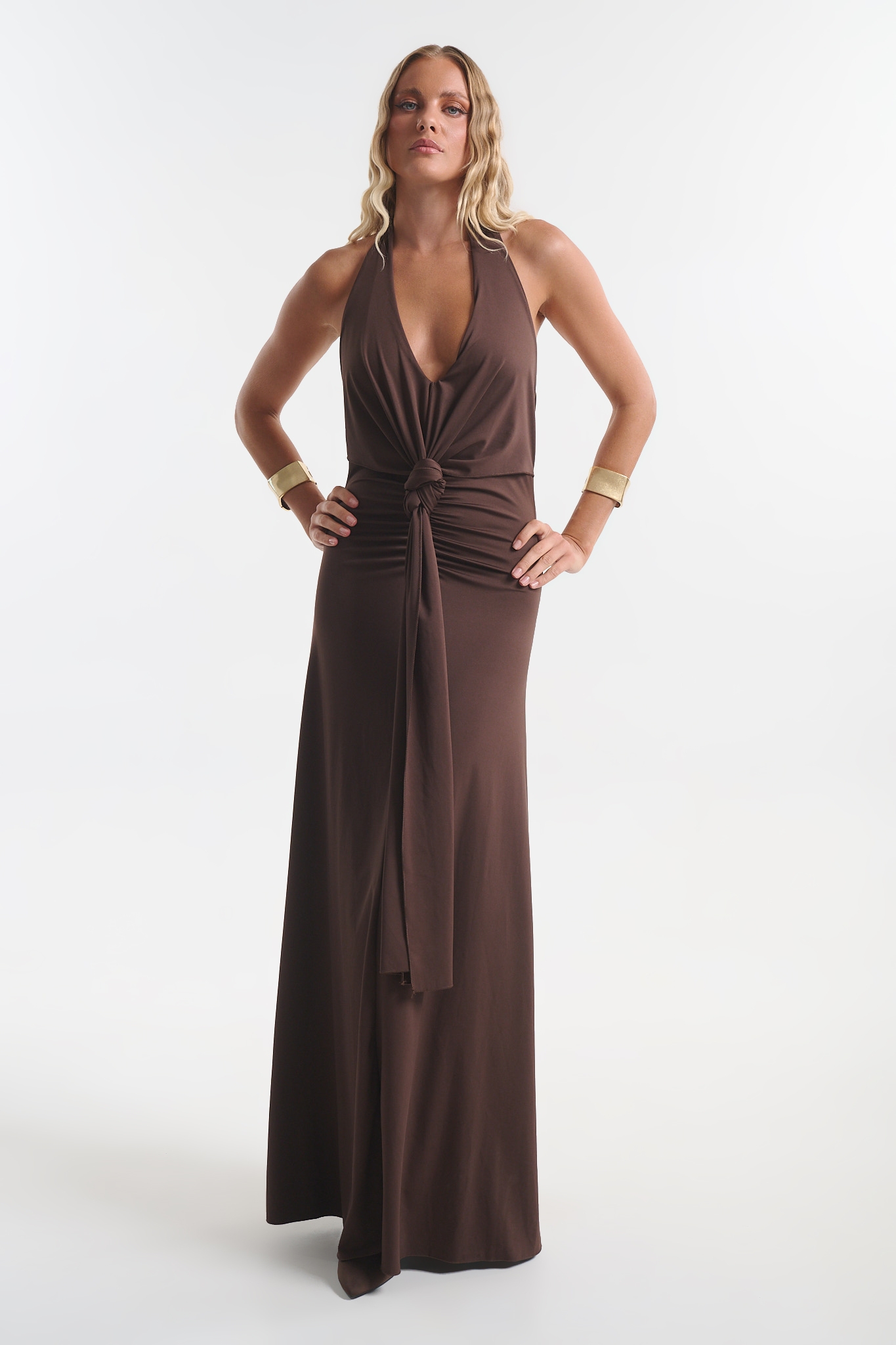 Women’s Halter Backless Maxi Dress with Knot Detail