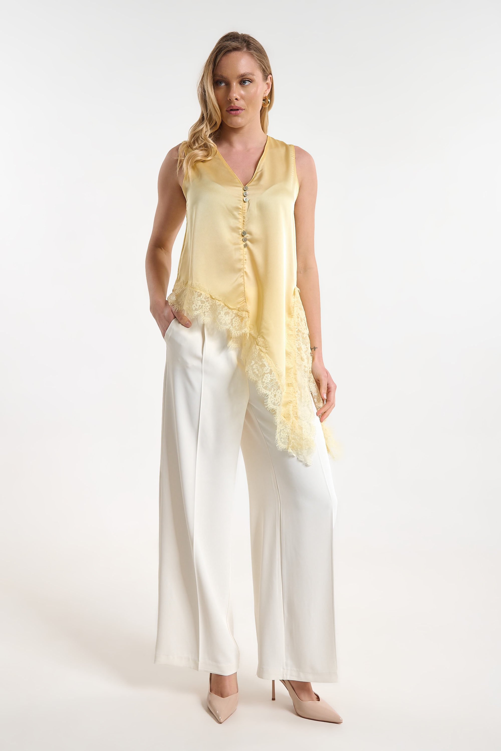 Sleeveless Satin Blouse with Buttons & Lace Detail for Women