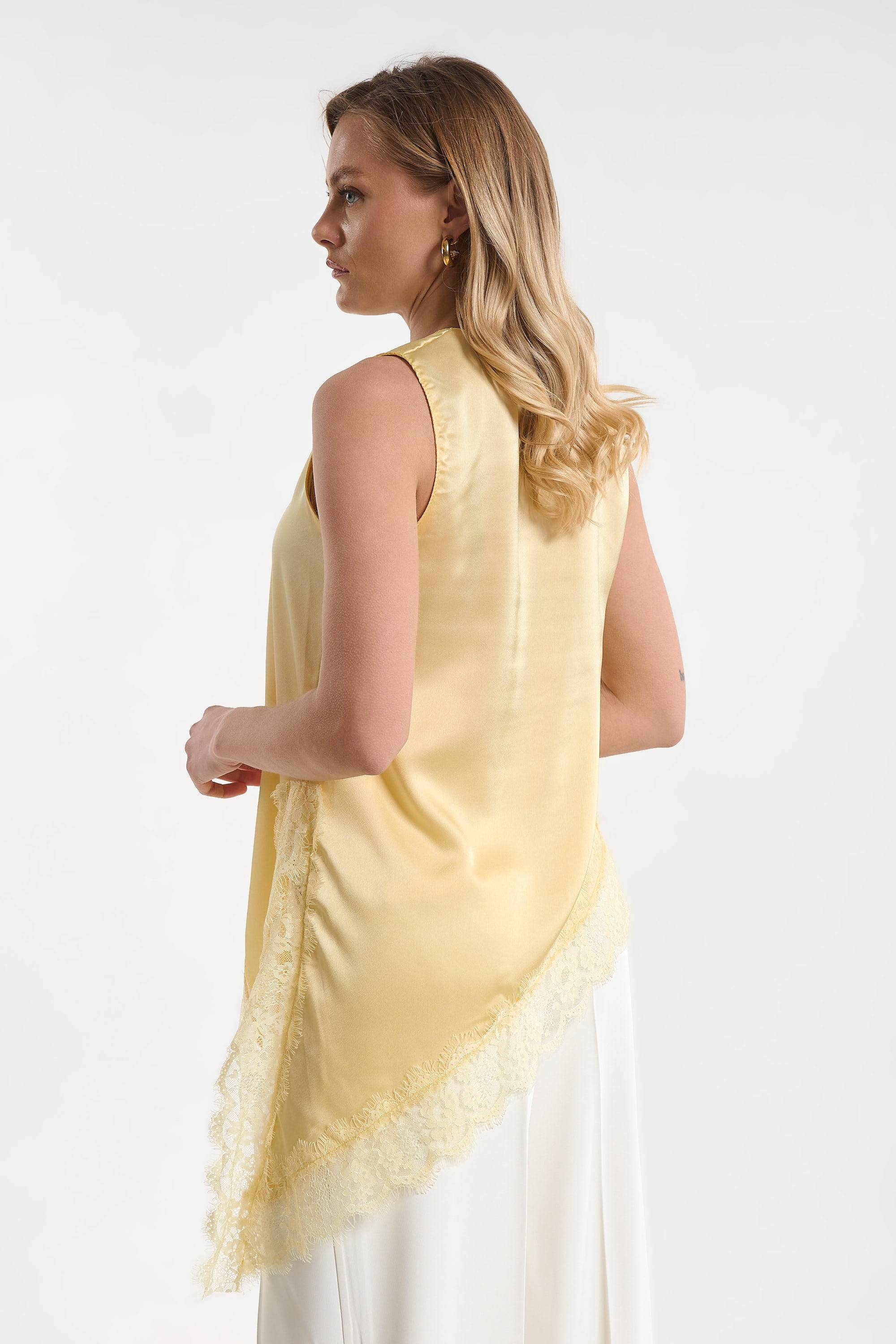 Sleeveless Satin Blouse with Buttons & Lace Detail for Women