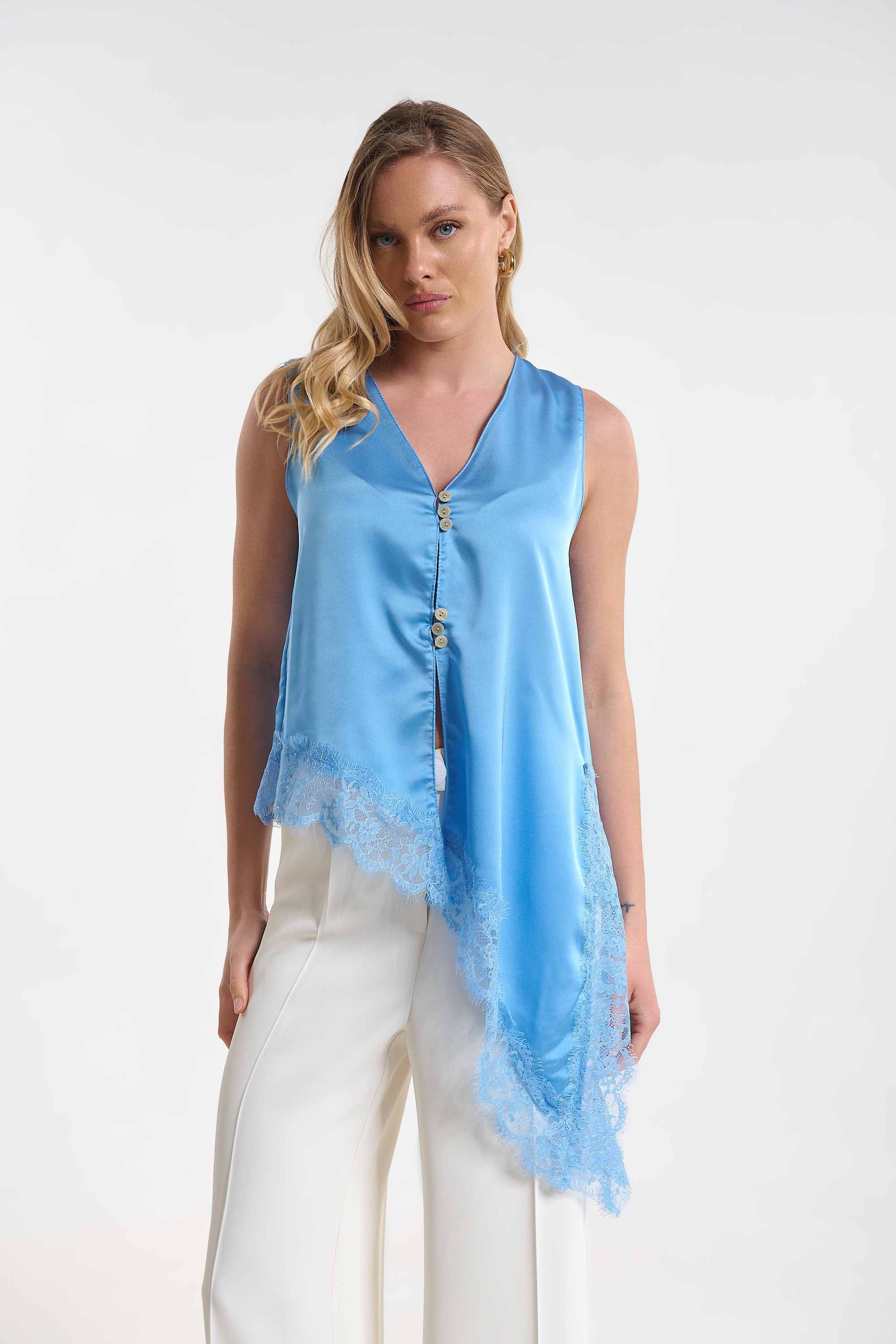 Sleeveless Satin Blouse with Buttons & Lace Detail for Women