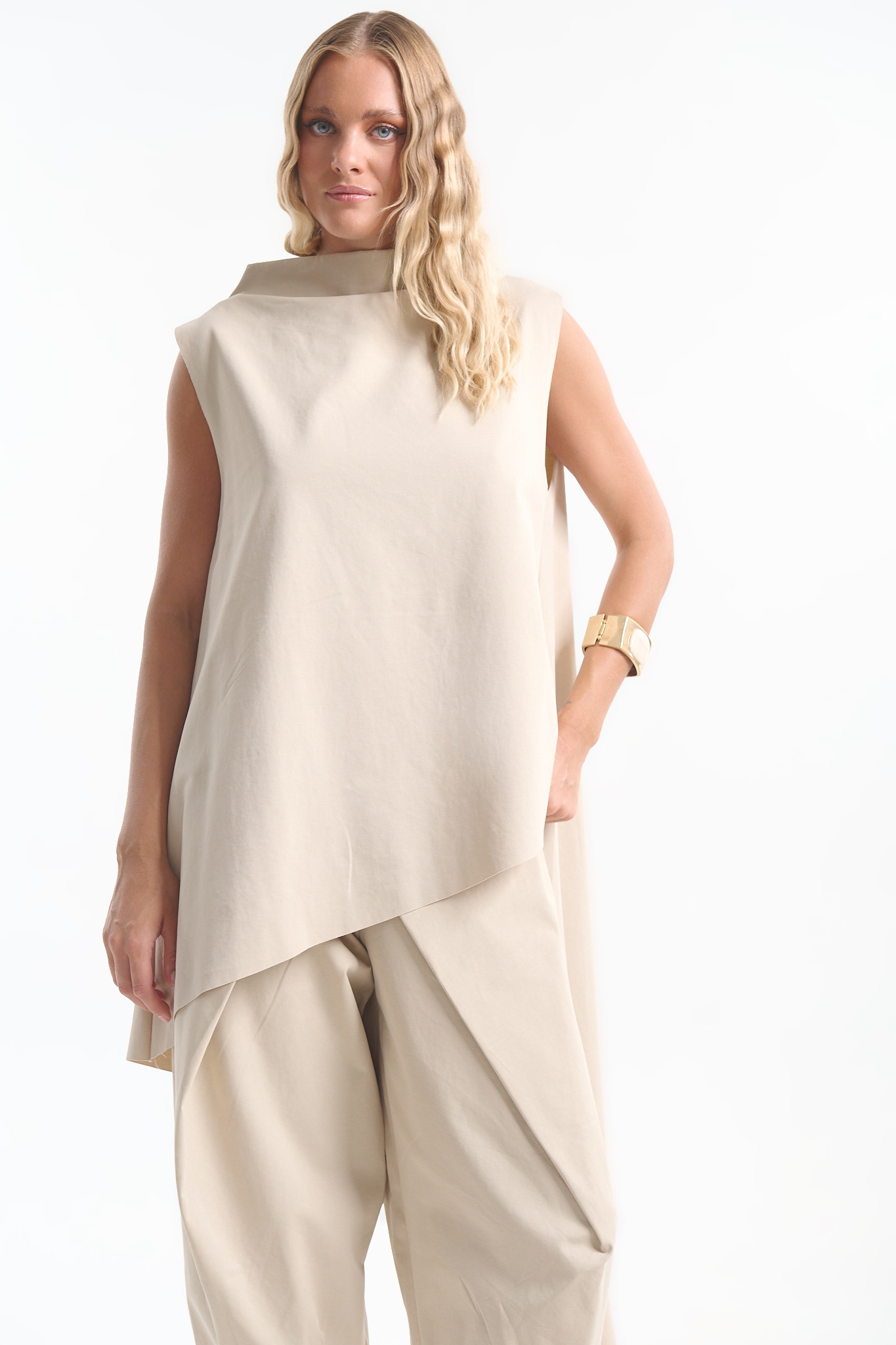 Women’s Asymmetric Sleeveless Tunic with High Neck & Long Side Point