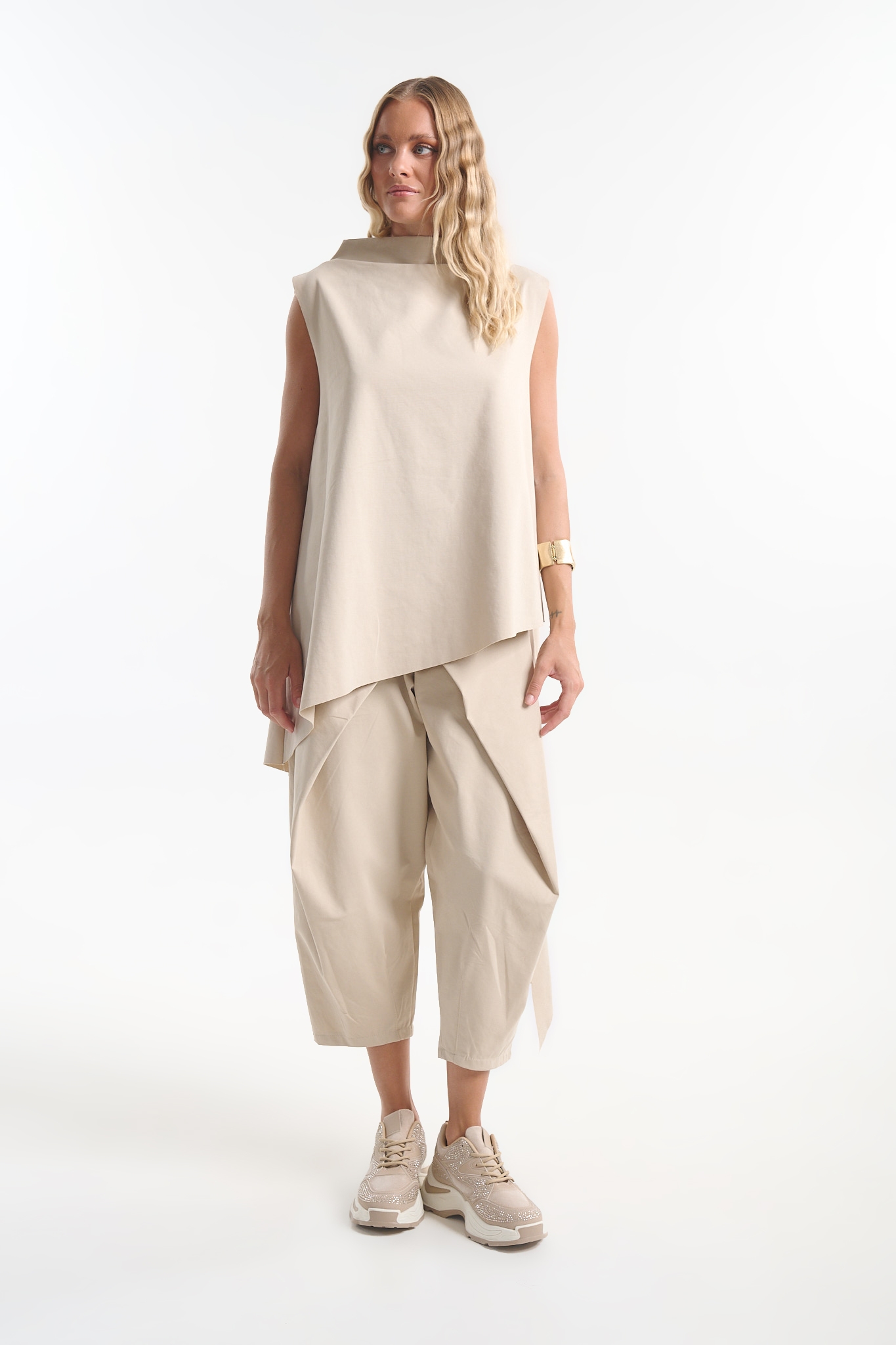 Women’s Asymmetric Sleeveless Tunic with High Neck & Long Side Point