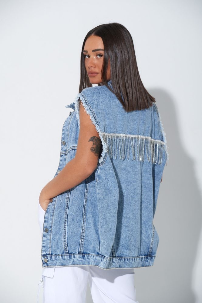 Denim Vest With Hanging Rhinestones In The Back