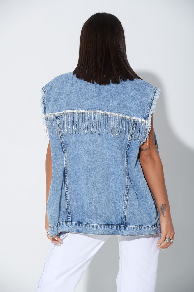 Denim Vest With Hanging Rhinestones In The Back