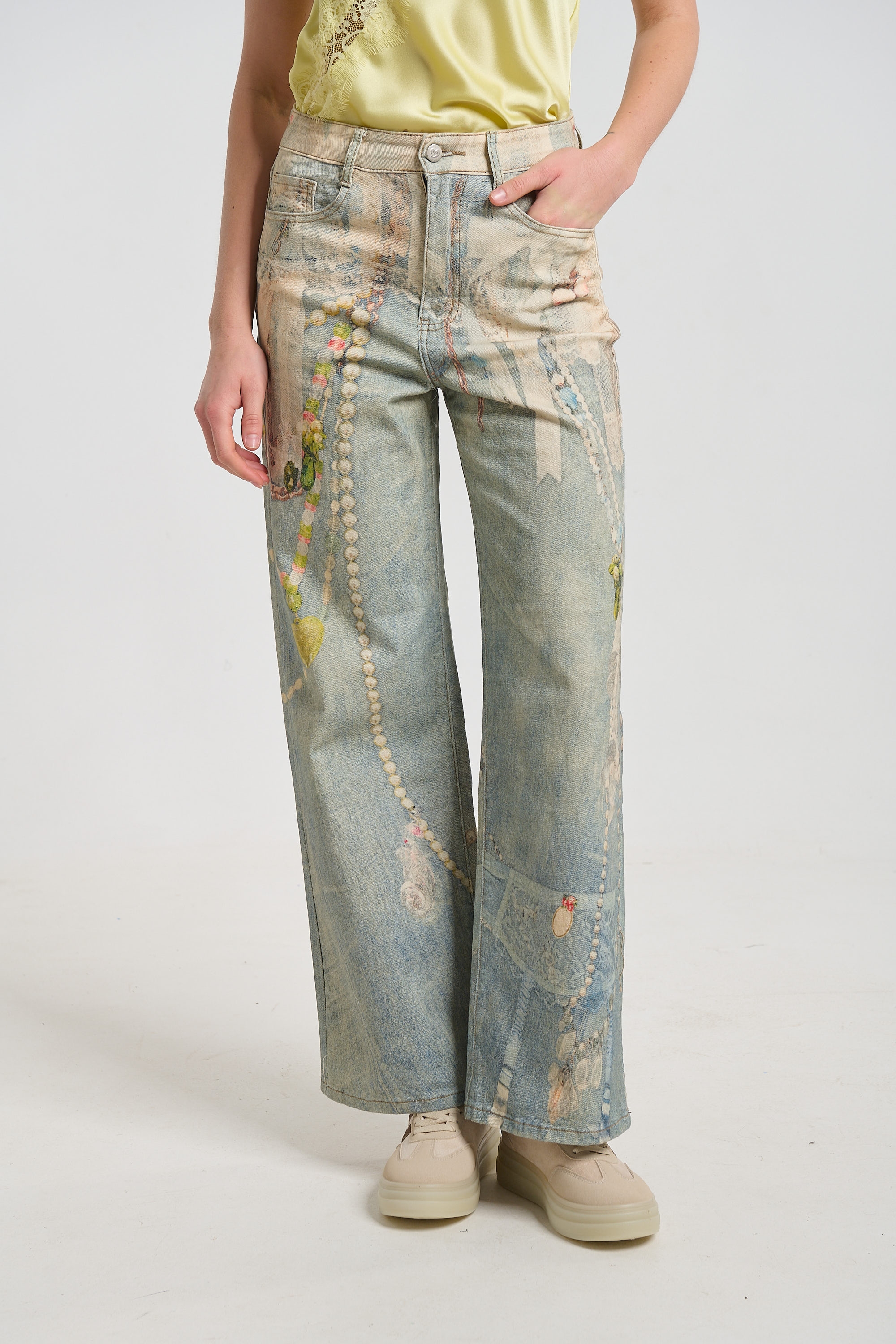 Flared Denim Jeans with Lace Pattern
