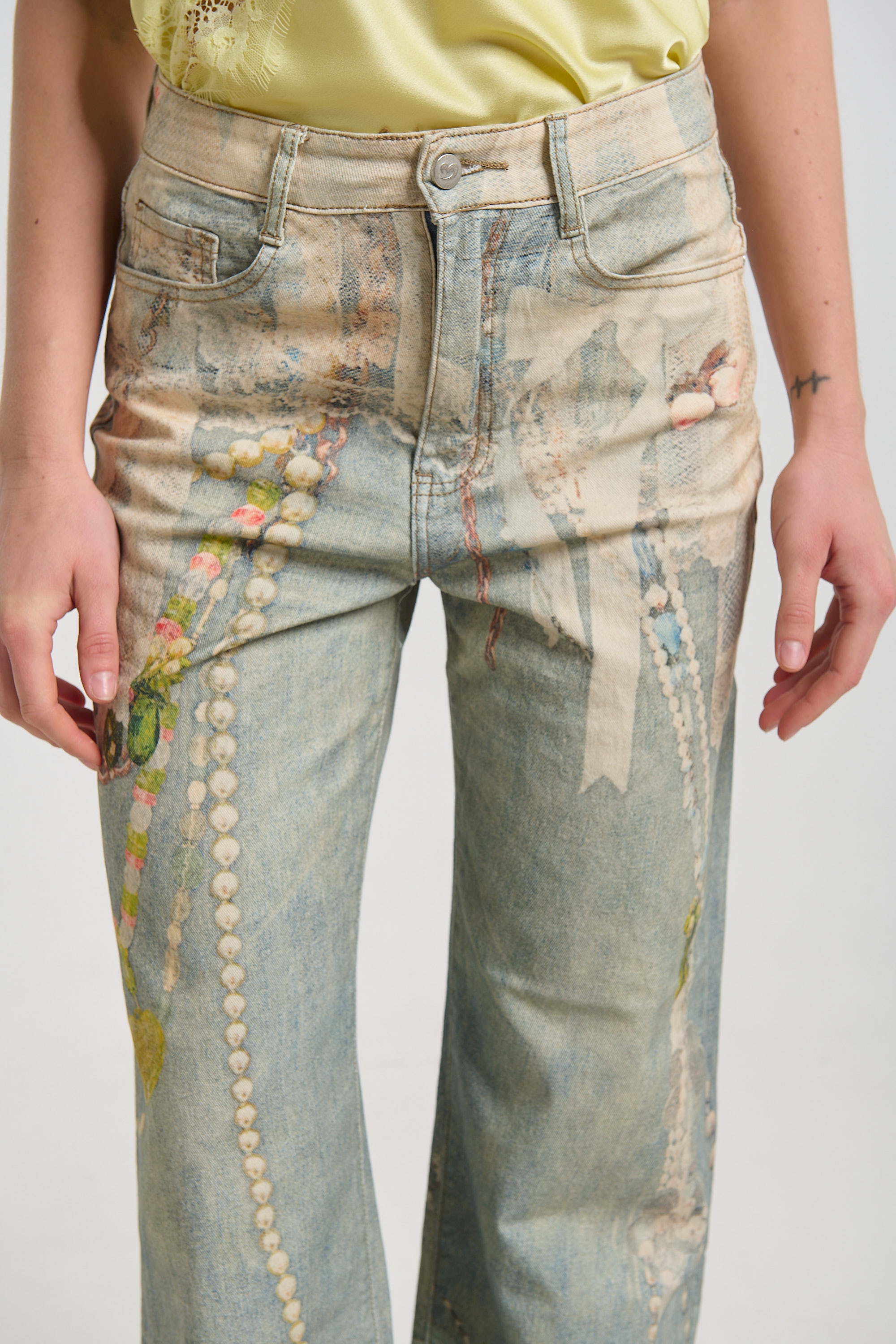 Flared Denim Jeans with Lace Pattern