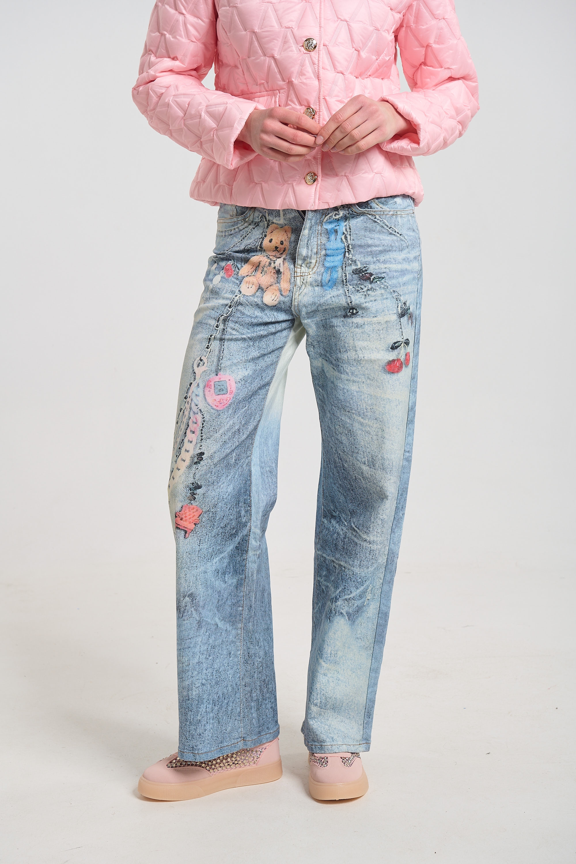 Flared Denim Jeans with Teddy Bear Design