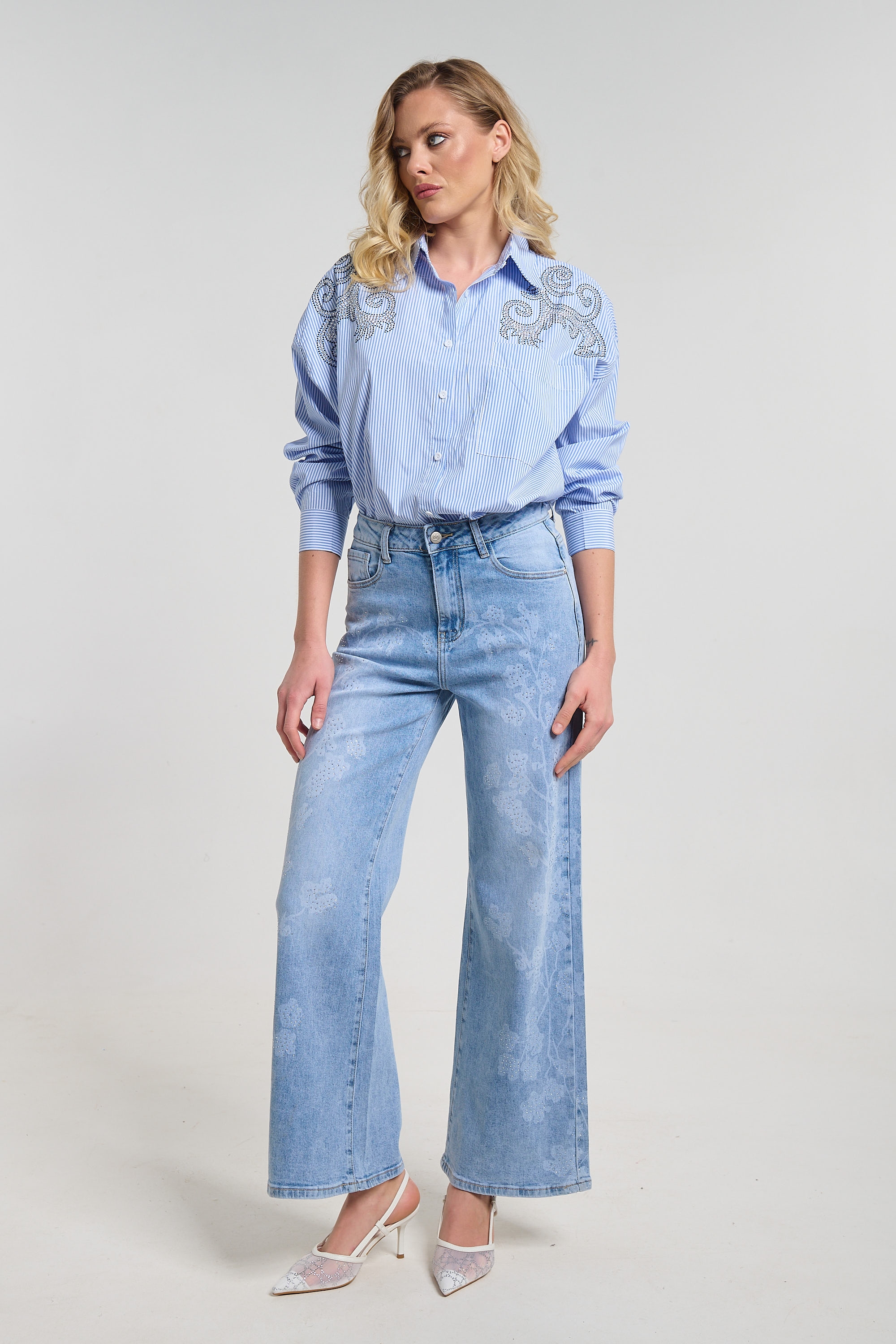 Flared Denim Jeans with Branch Print & Rhinestones