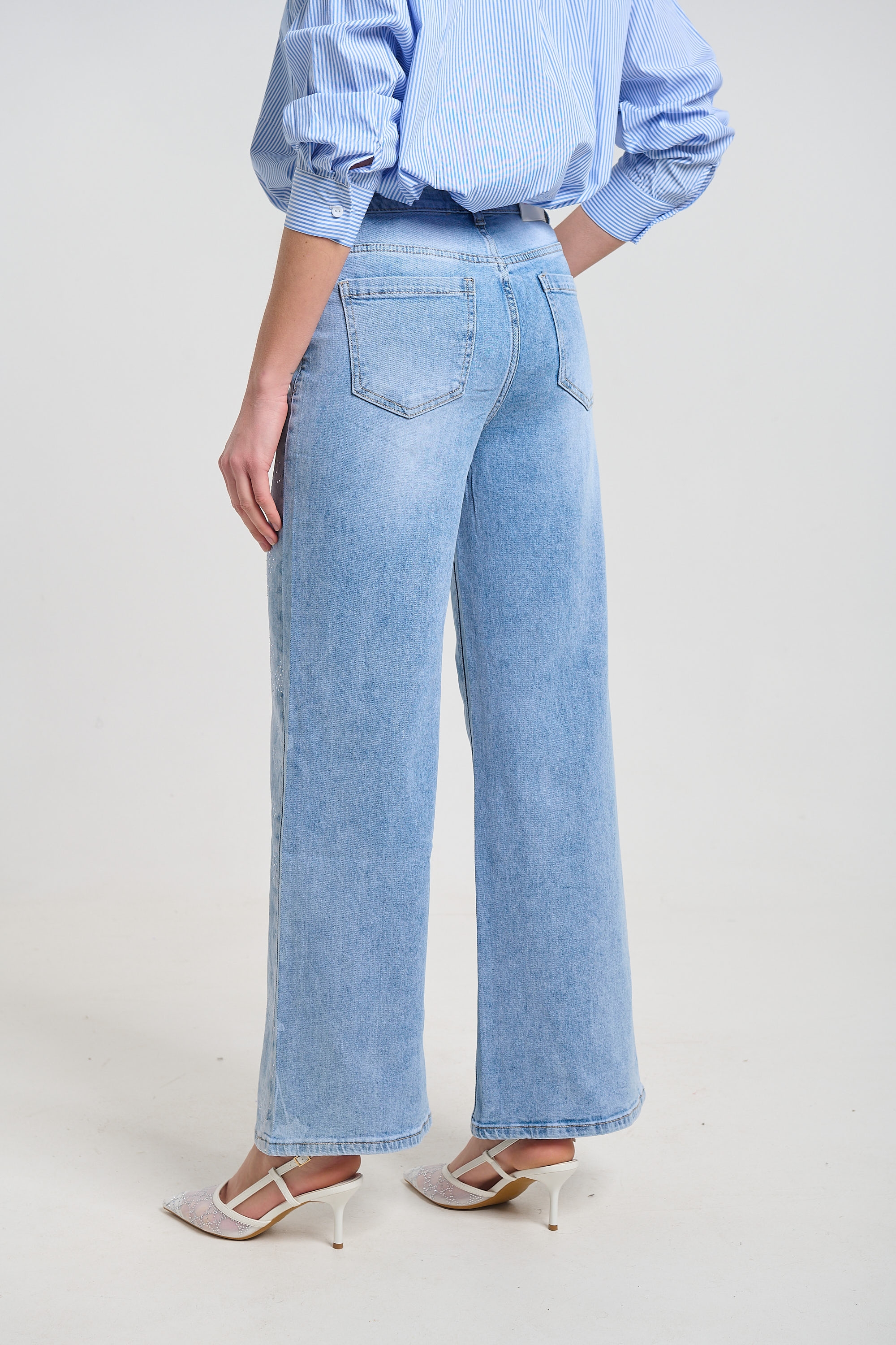 Flared Denim Jeans with Branch Print & Rhinestones