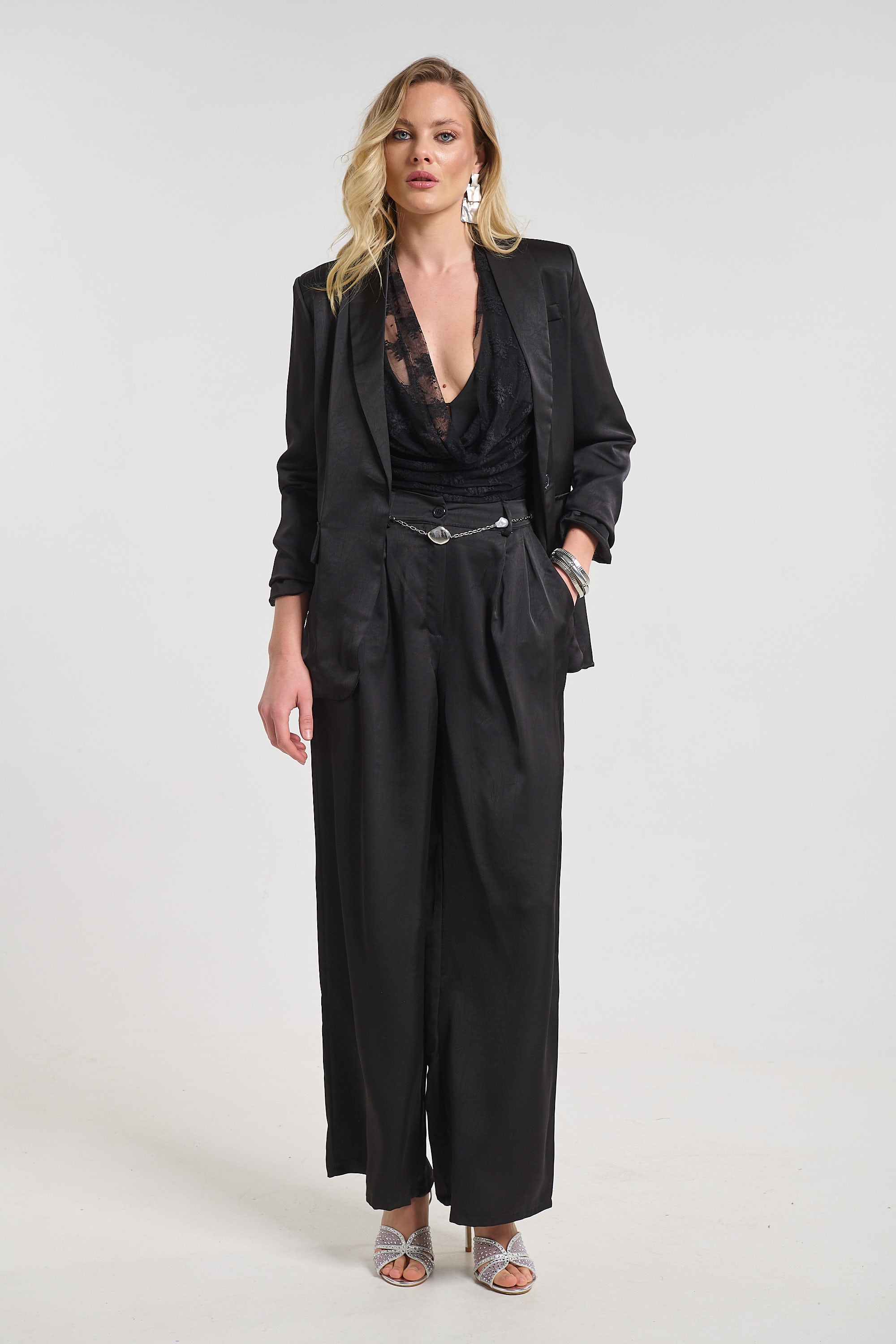 Elegant Satin Blazer and Wide-Leg Pants Co-Ord Set