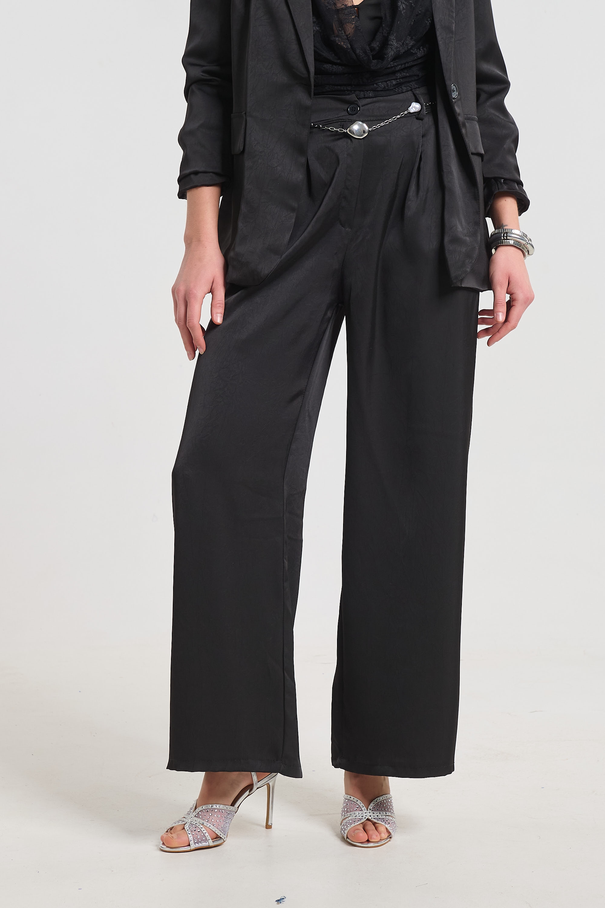 Elegant Satin Blazer and Wide-Leg Pants Co-Ord Set