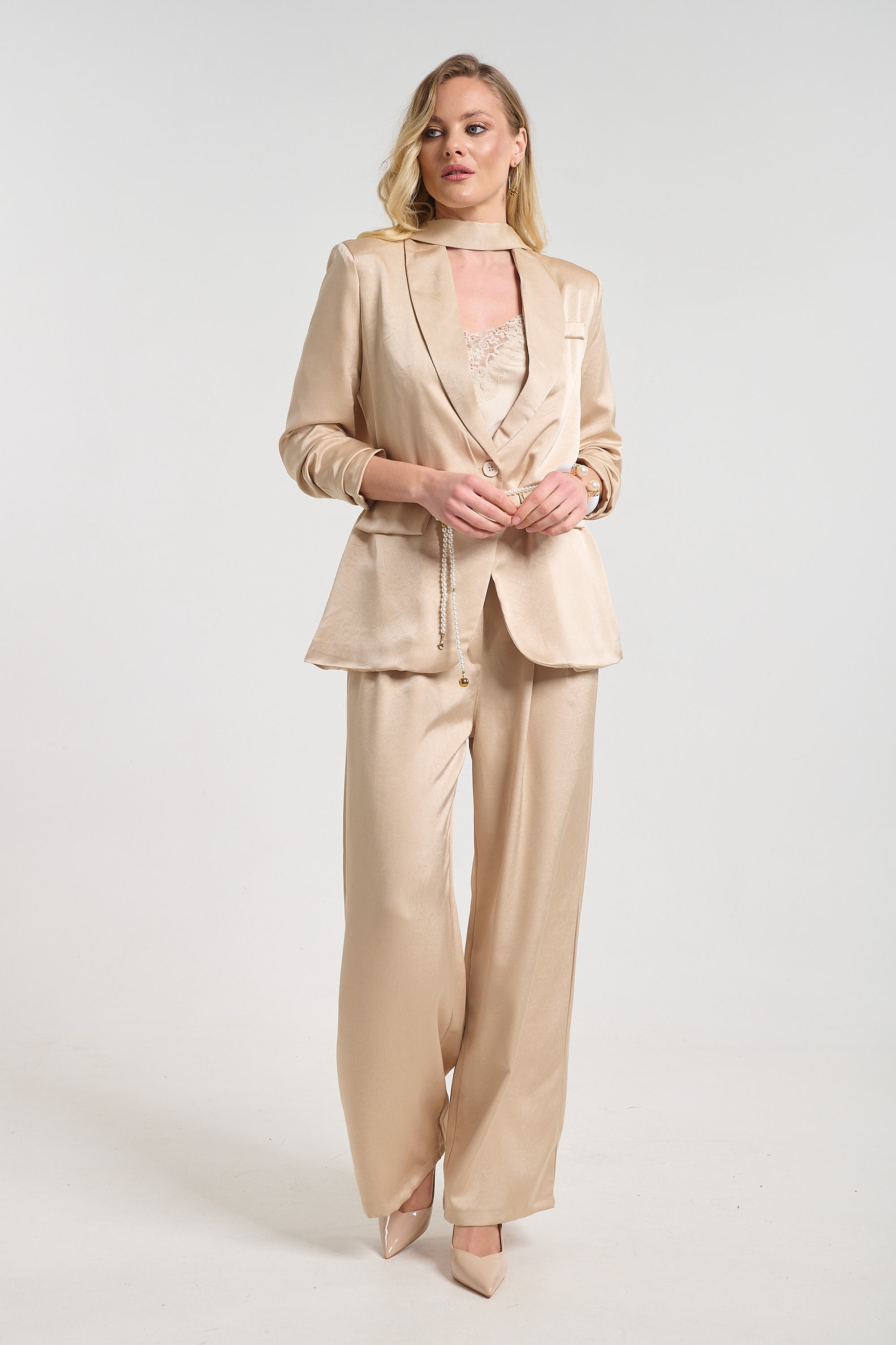 Elegant Satin Blazer and Wide-Leg Pants Co-Ord Set