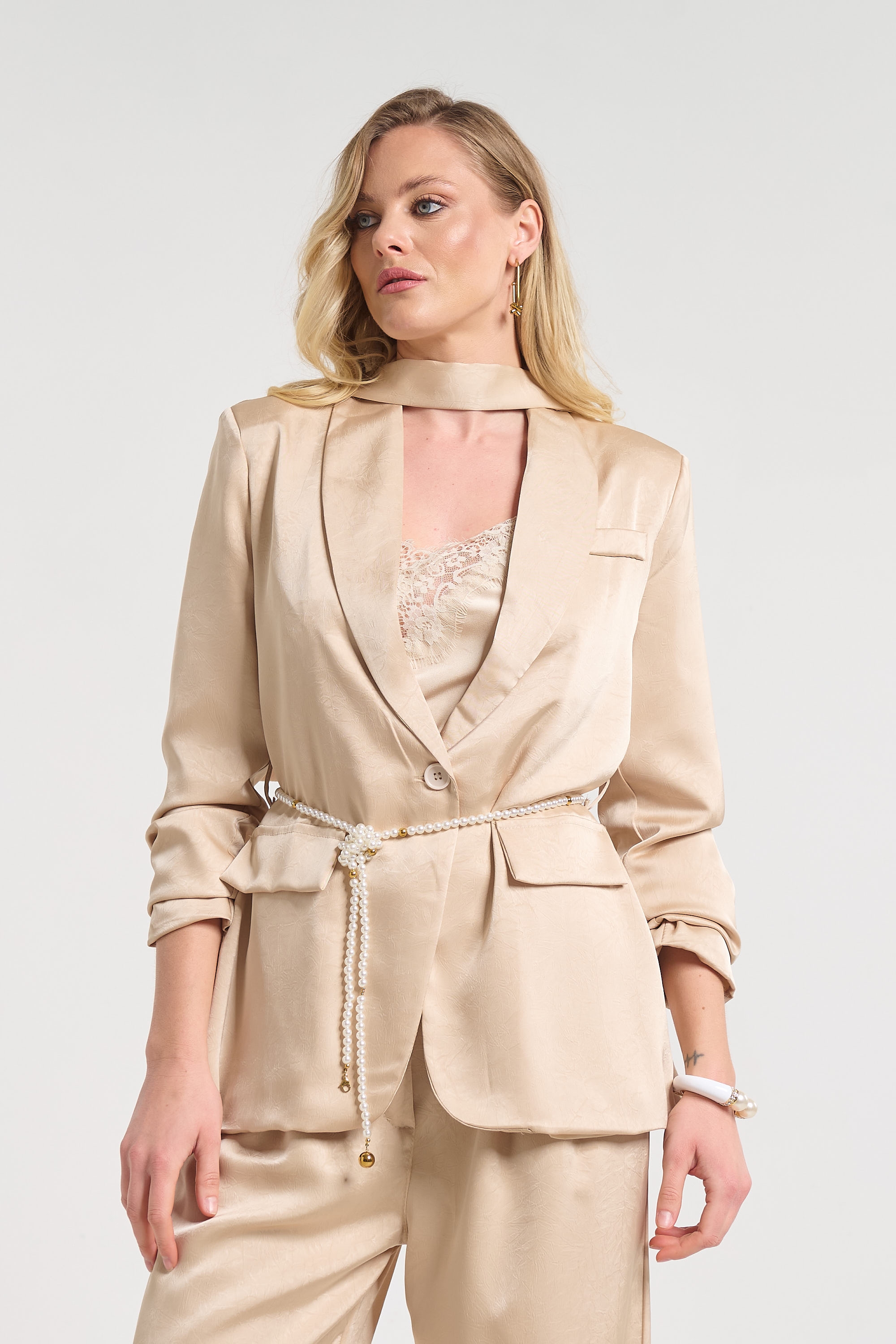 Elegant Satin Blazer and Wide-Leg Pants Co-Ord Set