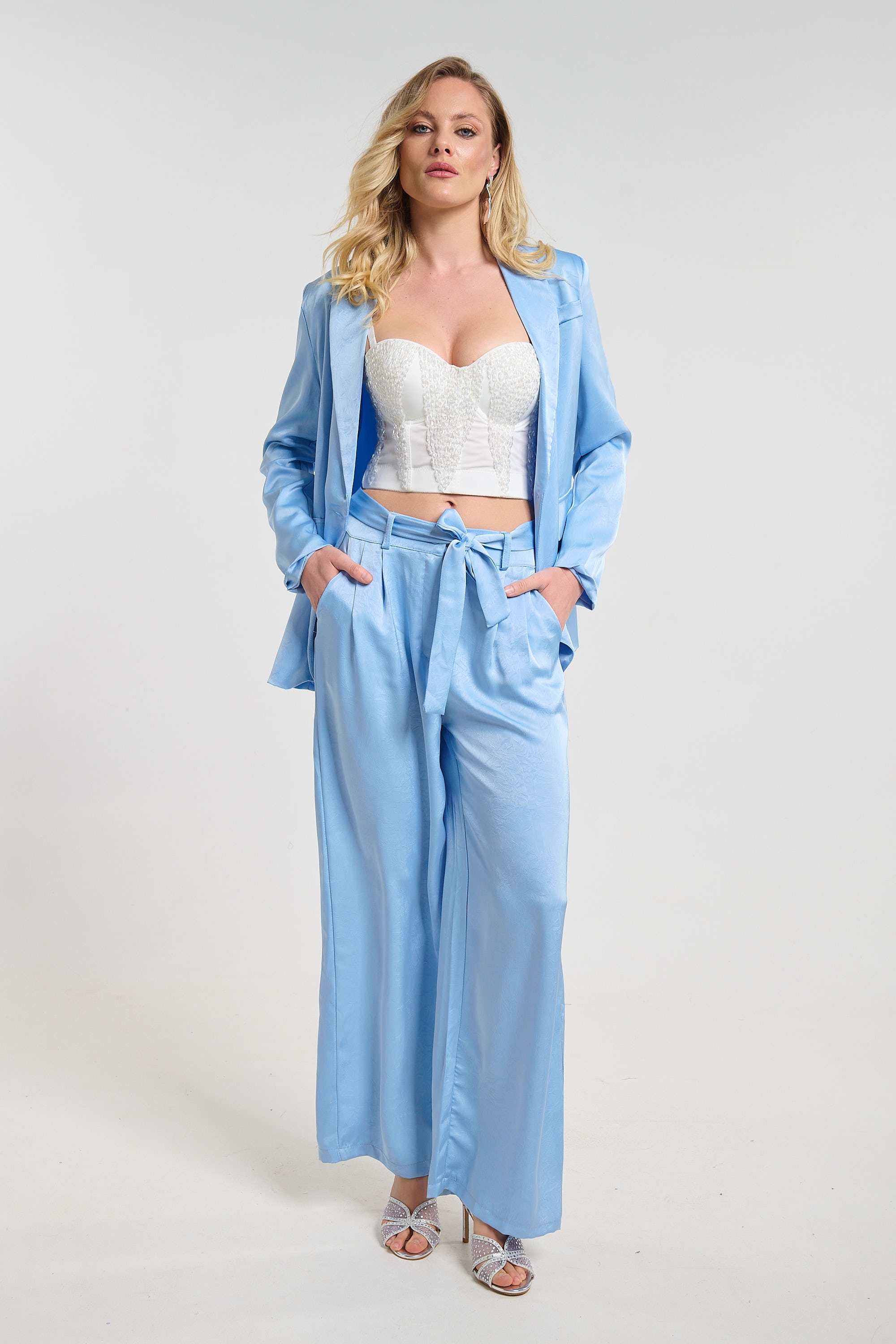 Elegant Satin Blazer and Wide-Leg Pants Co-Ord Set