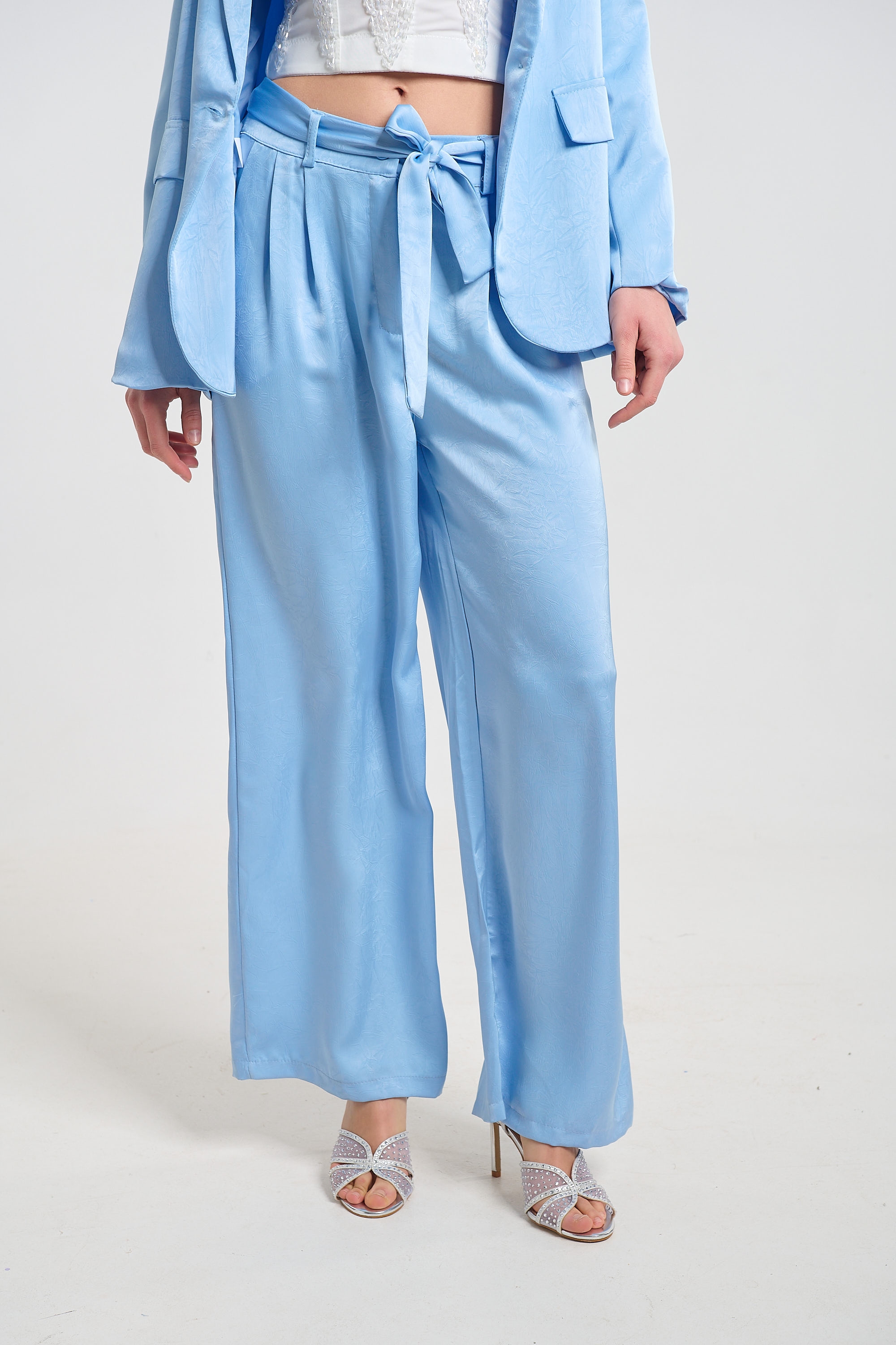 Elegant Satin Blazer and Wide-Leg Pants Co-Ord Set