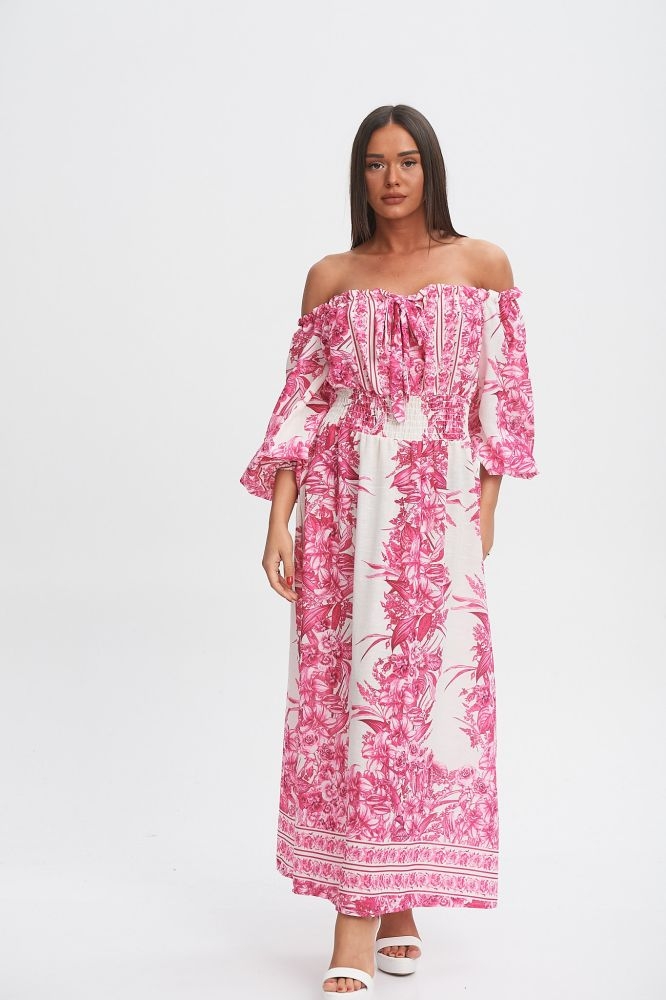 Φόρεμα Λινό Εξώμο Με Λαχούρ