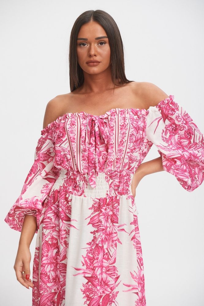 Φόρεμα Λινό Εξώμο Με Λαχούρ