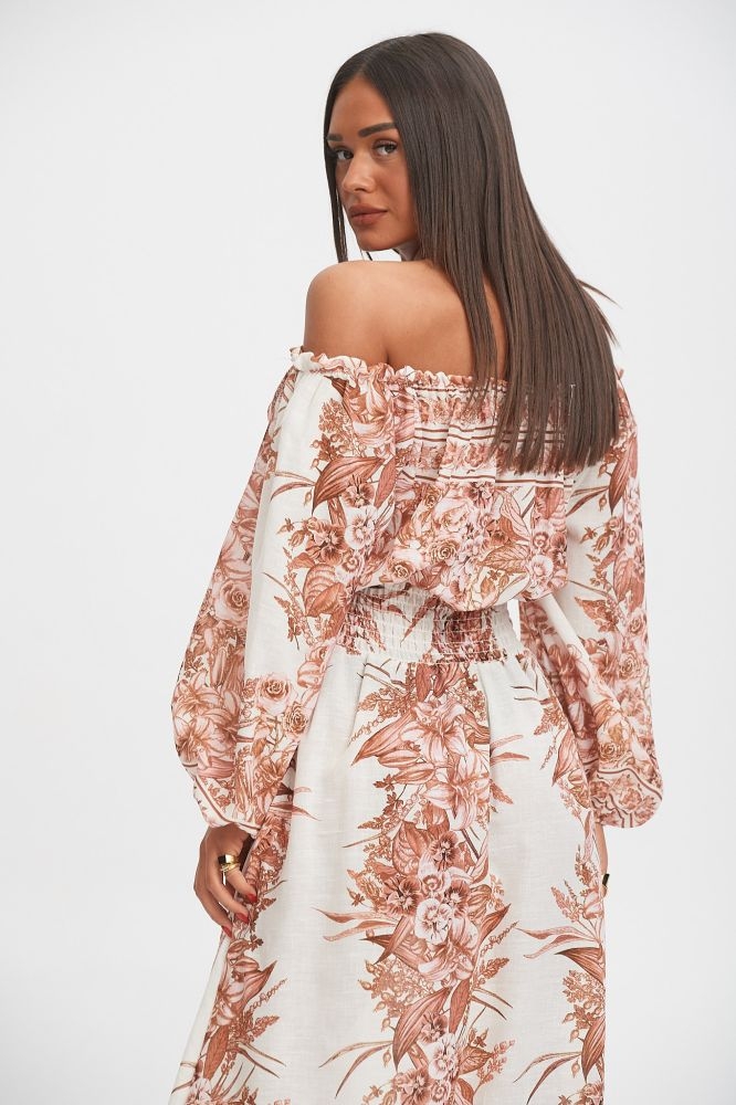 Φόρεμα Λινό Εξώμο Με Λαχούρ