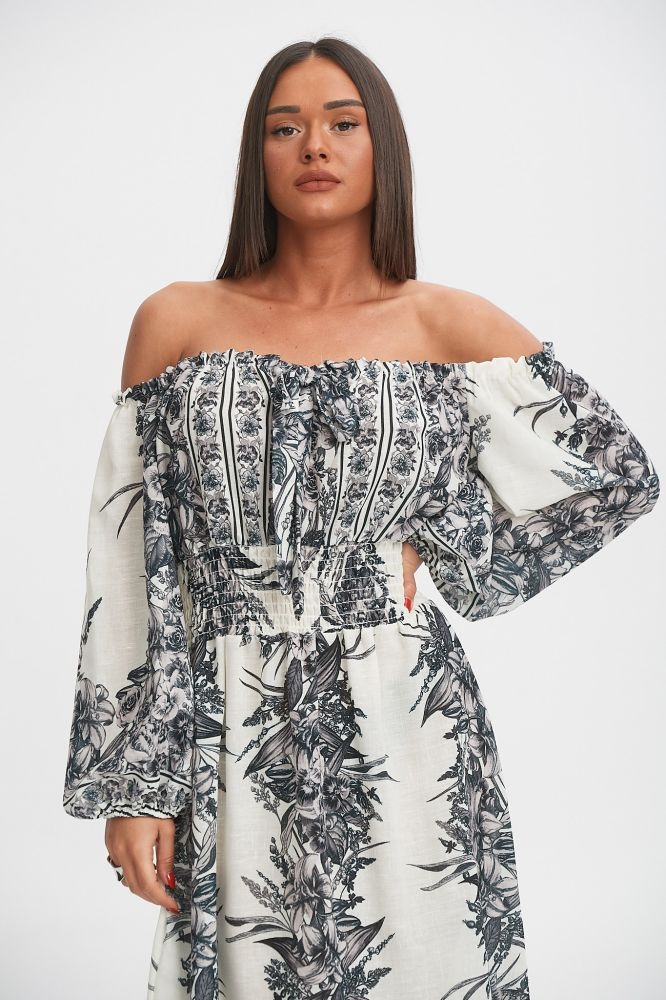 Φόρεμα Λινό Εξώμο Με Λαχούρ