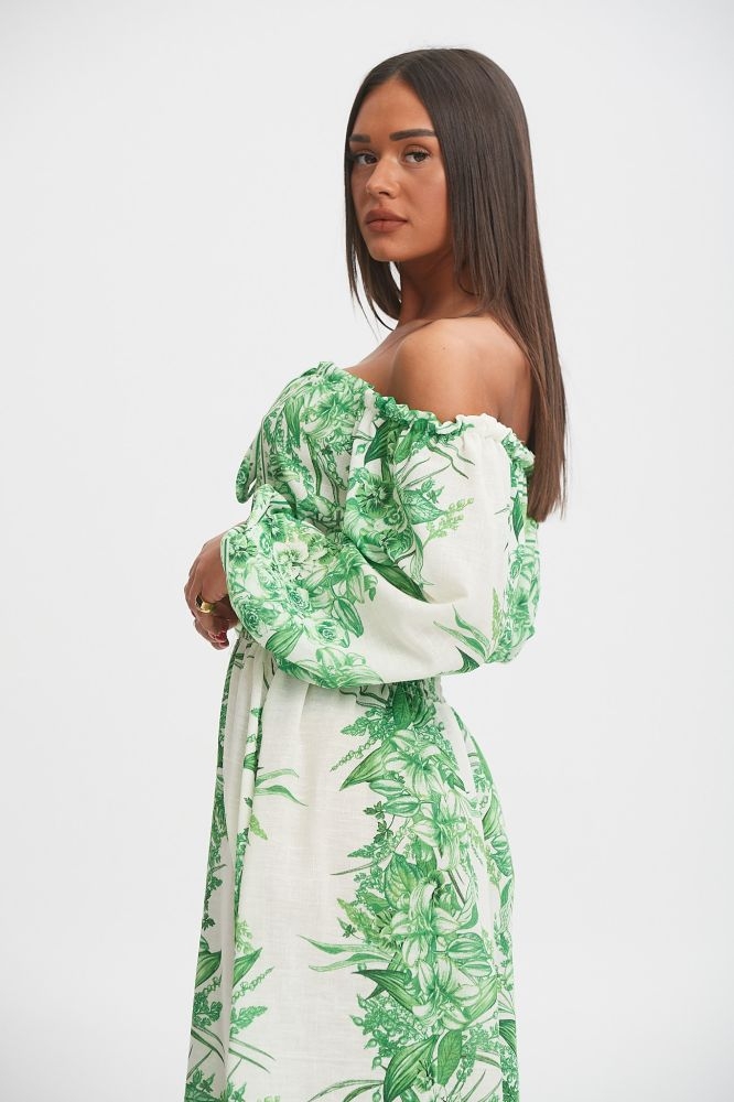 Φόρεμα Λινό Εξώμο Με Λαχούρ