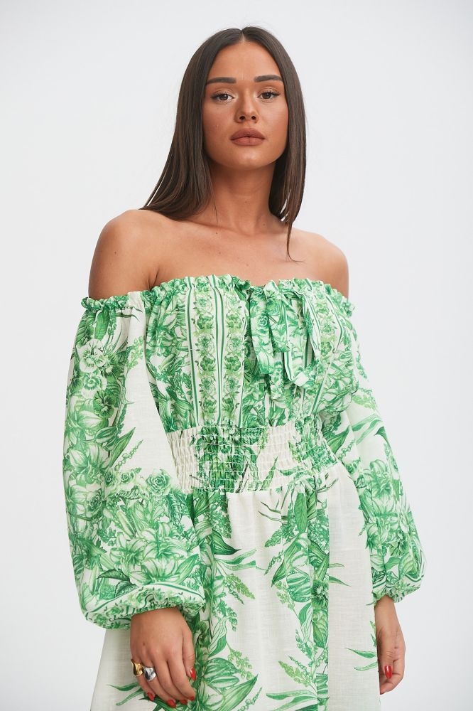 Φόρεμα Λινό Εξώμο Με Λαχούρ