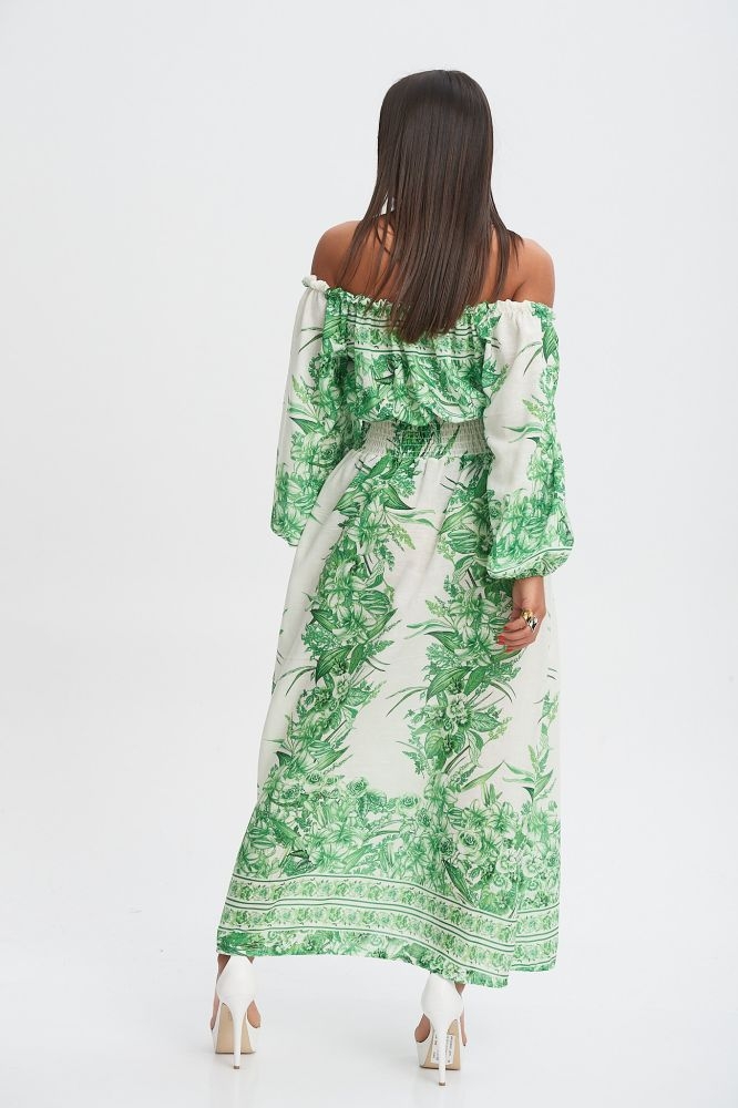 Φόρεμα Λινό Εξώμο Με Λαχούρ