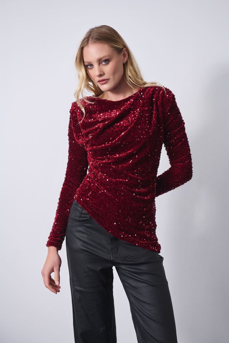 Sequin Velvet Drape Long-Sleeved Blouse
